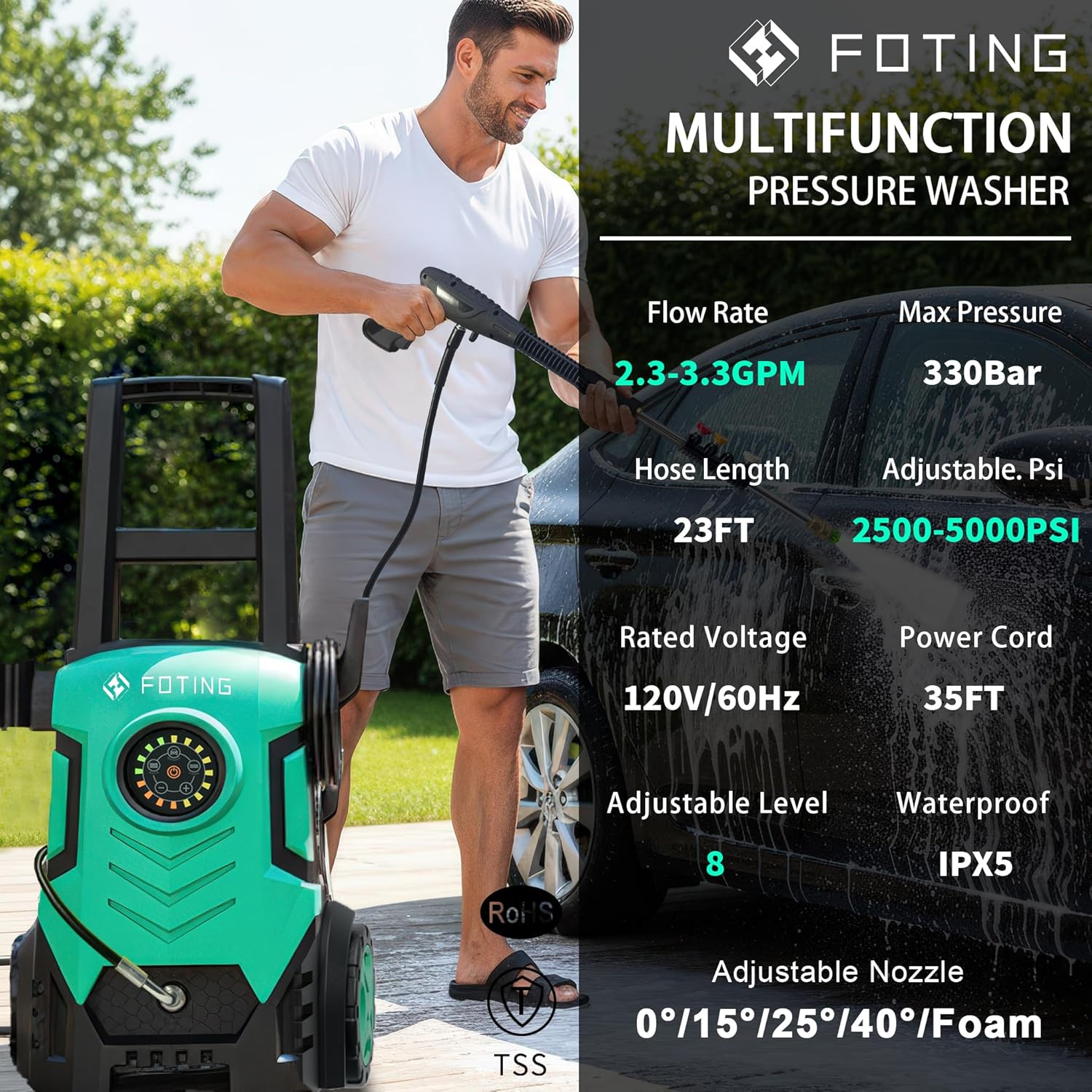 FOTING Pressure Washer with Adjustable Touch Screen 8 Level, 4 Quick Connect Nozzles,Inlet Hose&Filter&Foam Cannon for Cars/Fences/Driveways/Home Cleaning,Blue