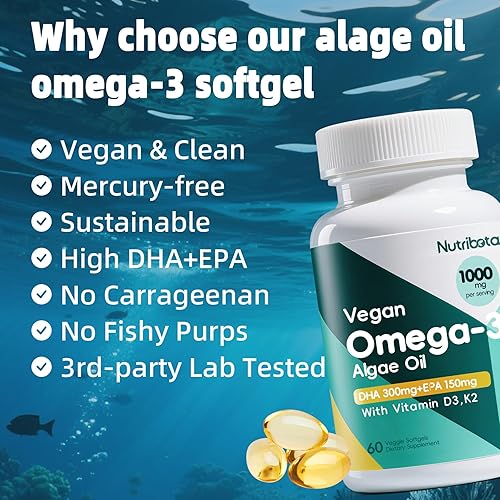 Miniatura 4 de Cápsulas blandas veganas Omega 3  1000 mg de aceite de algas como alternativa al aceite de pescado  300 mg de DHA + 150 mg EPA  Suplementos de Omega