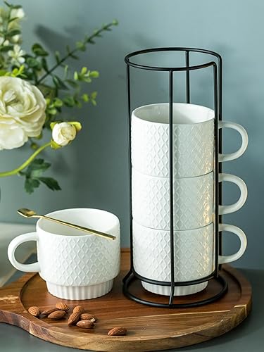 Miniatura 3 de LYEOBOH Tazas de café apilables con estante, juego de 4 tazas de café de cerámica de 13 onzas con soporte, taza de café con cuchara, tazas de