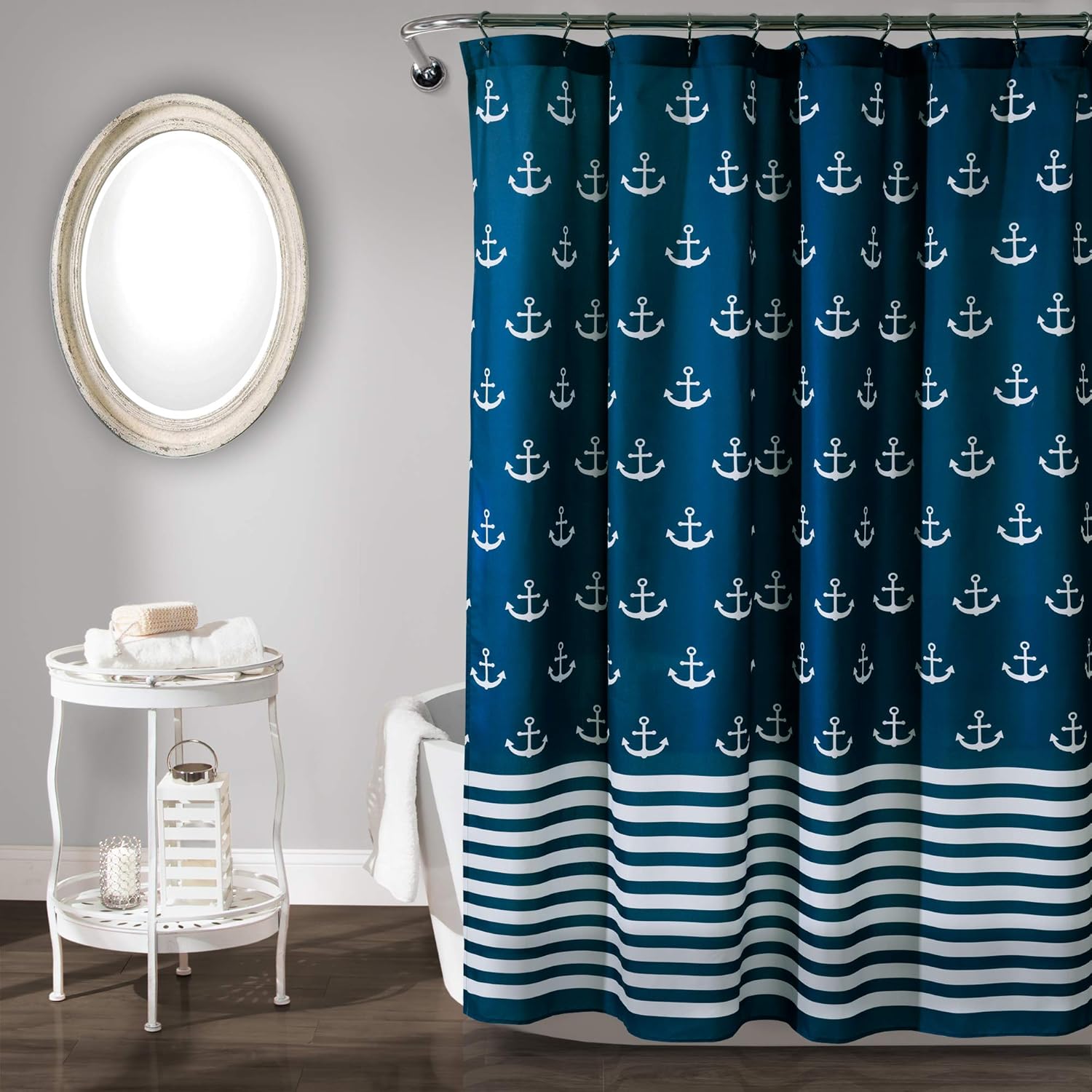 Amazon Com Lush Decor Shower Curtain Beach Themed Bathroom Accessories Navy Blue Anchor Print Home Kitchen