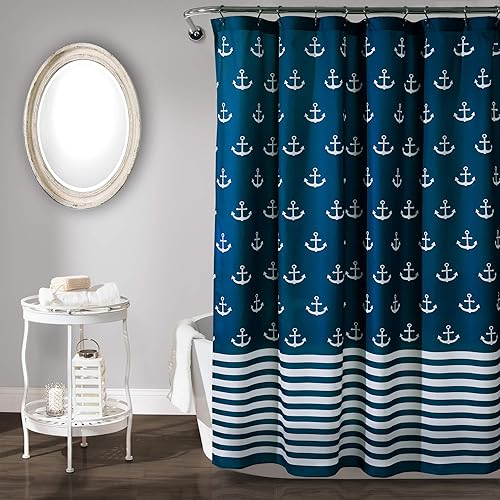 Lush Decor - Cortina de ducha, accesorios de baño con temática de playa (azul marino, estampado de ancla) 72 x 72 pulgadas