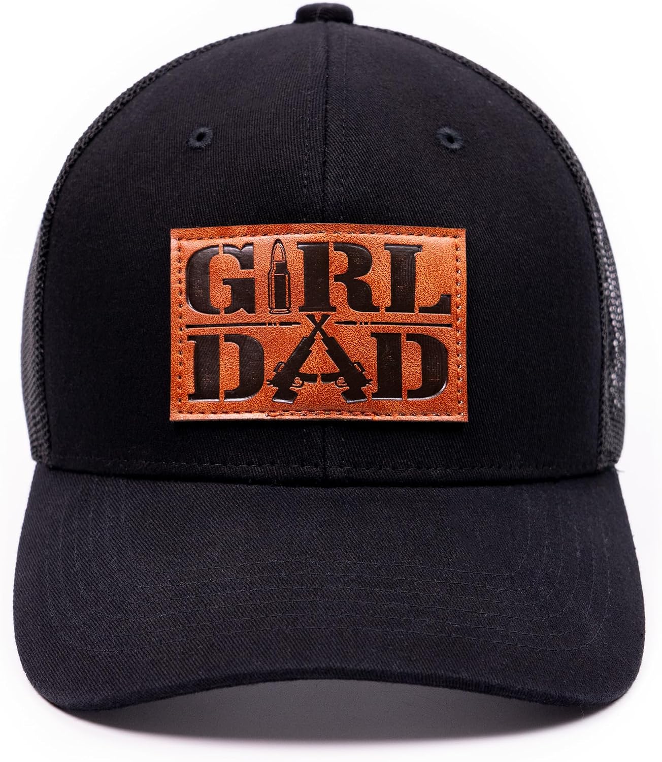 Best Dad Gifts Rifle Bullet Faux Leather Patch Hat for Men Father Daddy Papa Birthday Fathers Day - Black Trucker Baseball Cap