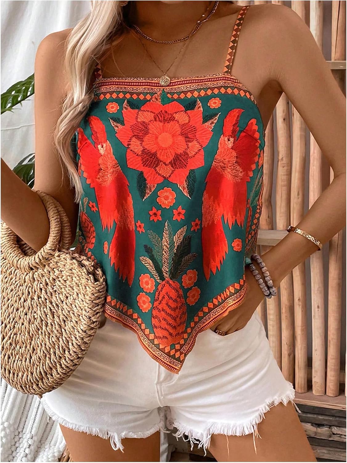 Milumia Women's Boho Floral Hanky Hem Cami Top Vintage Spaghetti Strap Bandana Tops - Image 3