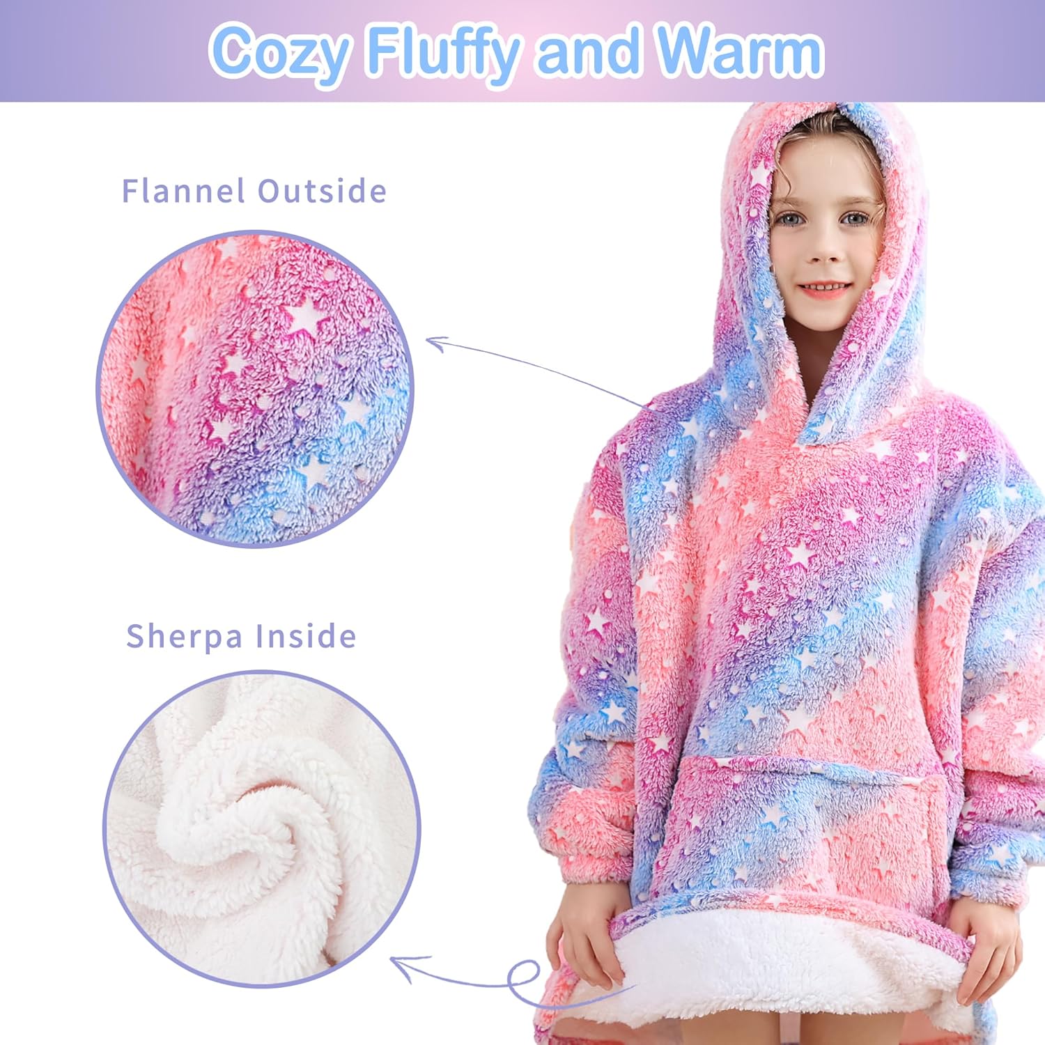 Blanket Hoodie, Sherpa Fleece Wearable Blanket for Kids, Plush Flannel Hooded Blanket, Sweatshirt Gift with Giant Pocket - Image 2
