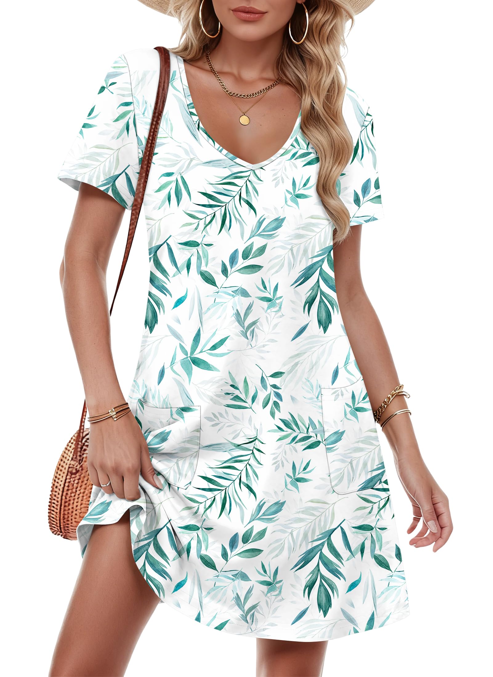 MOLERANI Damen Sommerkleid Kurzarm V-Ausschnitt Strandkleid Knielang Freizeitkleider Leichte Swing Midikleid mit Taschen