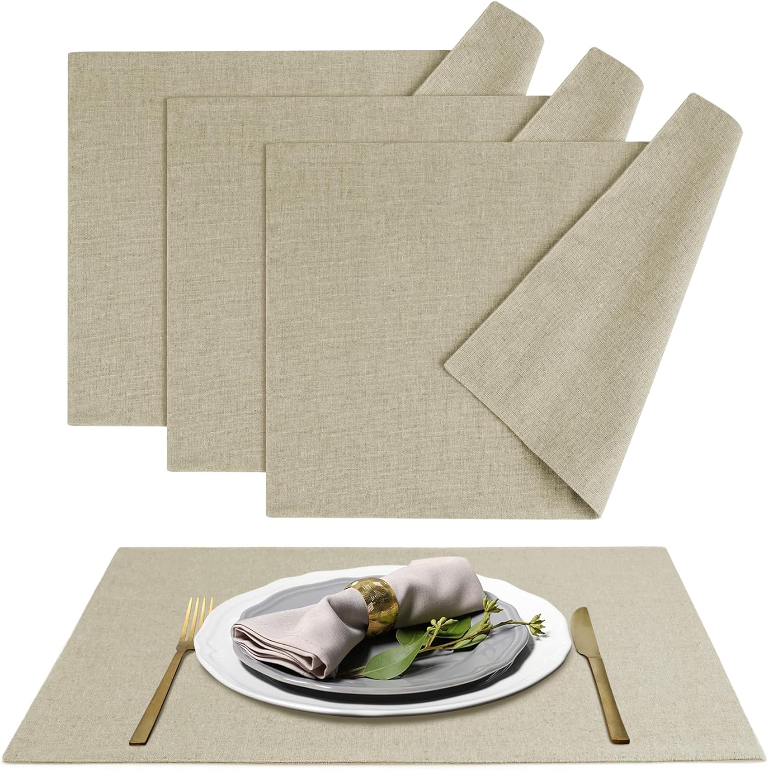 MANSPHIL Table Cloth Placemats Set of 4 Washable Cotton Thick Faux Linen Place Mats Heat Resistant Double Layer Fabric Wrinkle Free Dining Kitchen Table Decor - 13x19 Inch Beige Oeko Tex Placemat Beige 13 x 19 Inch - Set of 4