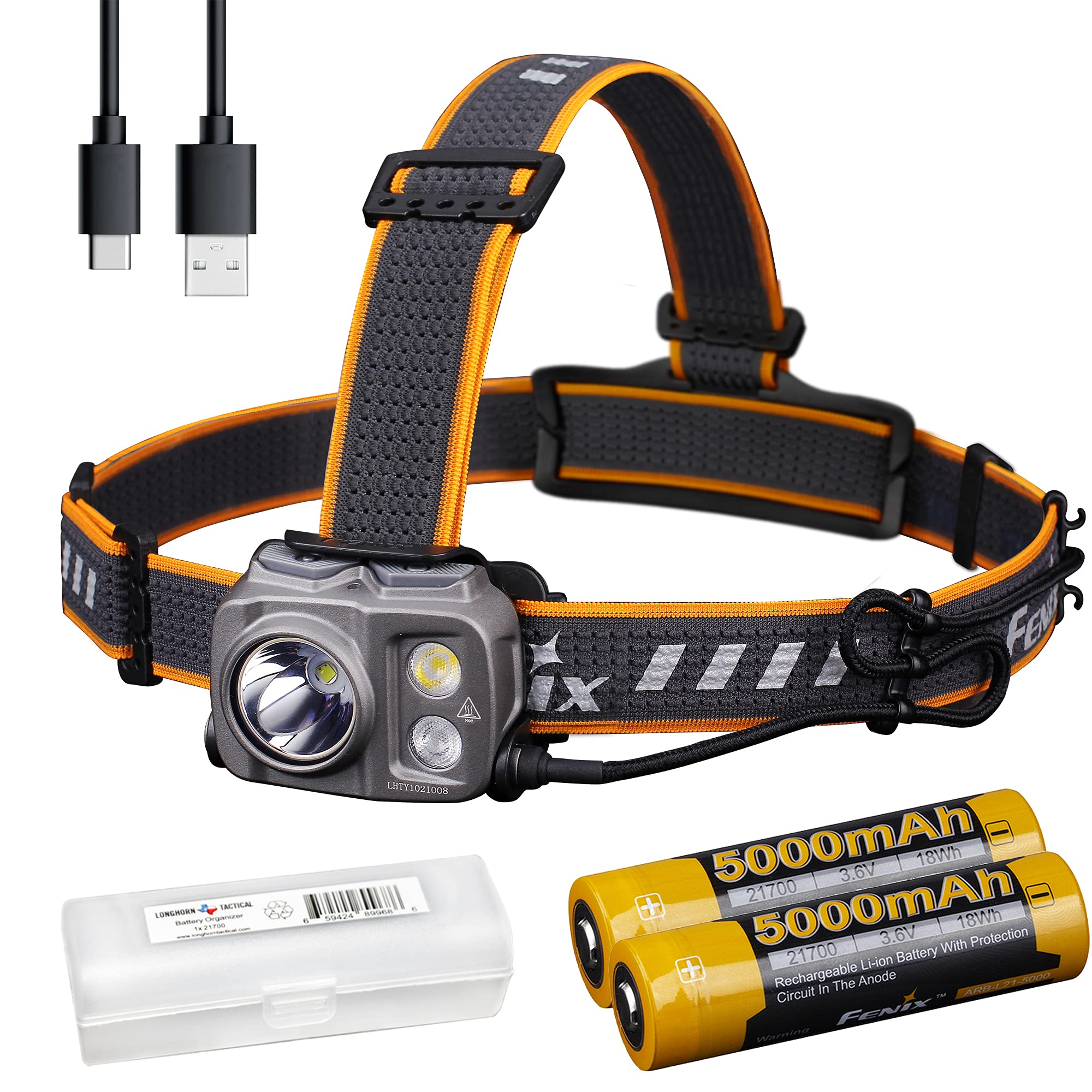 fenixHP25R v2.0 USB-C Rechargeable Headlamp Bundle with Backup Battery, 1600 Lumen Spotlight, 400 lumens Floodlight and Red Light with LumenTac Organizer
