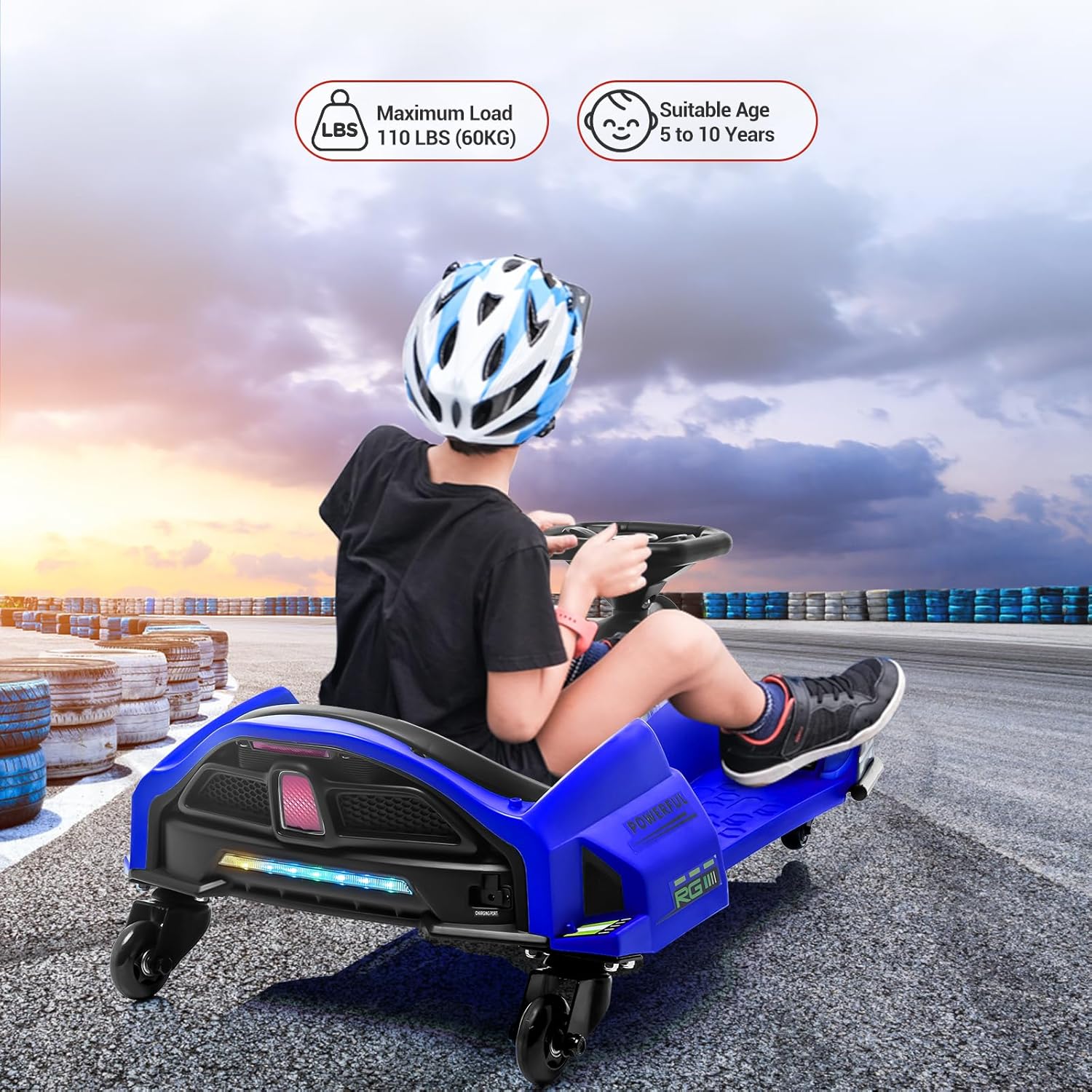 GarveeLife Kids Drifting Car, 12V Ride On Go Kart with 45W Brushless Quiet Motor, 5 mph Electric Drifting Go-Kart, Battery Powered Outdoor Ride On Toy with 5 Wheels, Led Light and Music for Teens