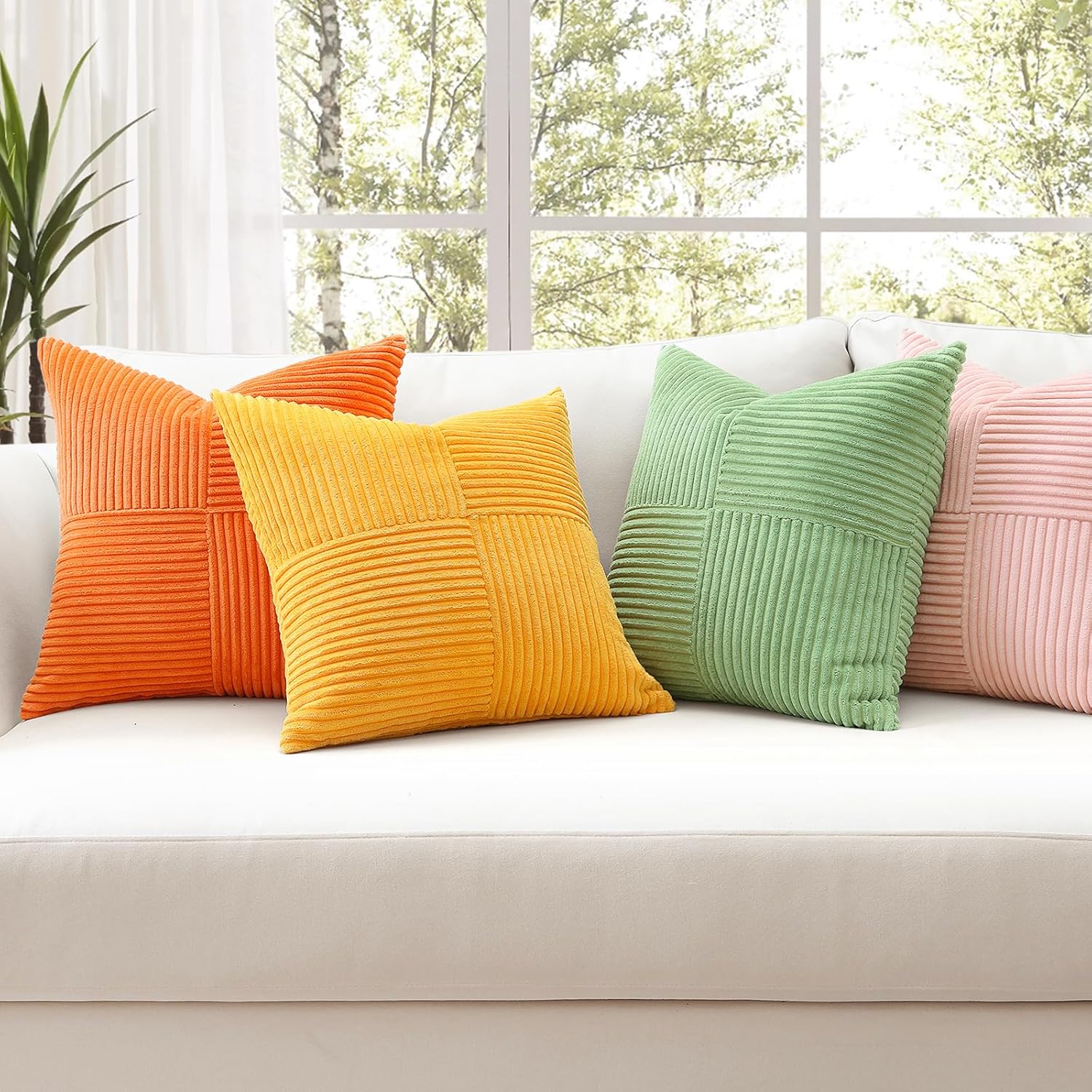OTOSTAR Set of 4 Decorative Throw Pillow Covers Soft Striped Corduroy Boho Square Pillow Cases Mix and Match Home Decor for Sofa Couch Living Room Bedroom Farmhouse 24x24 Inch, Orange Pink