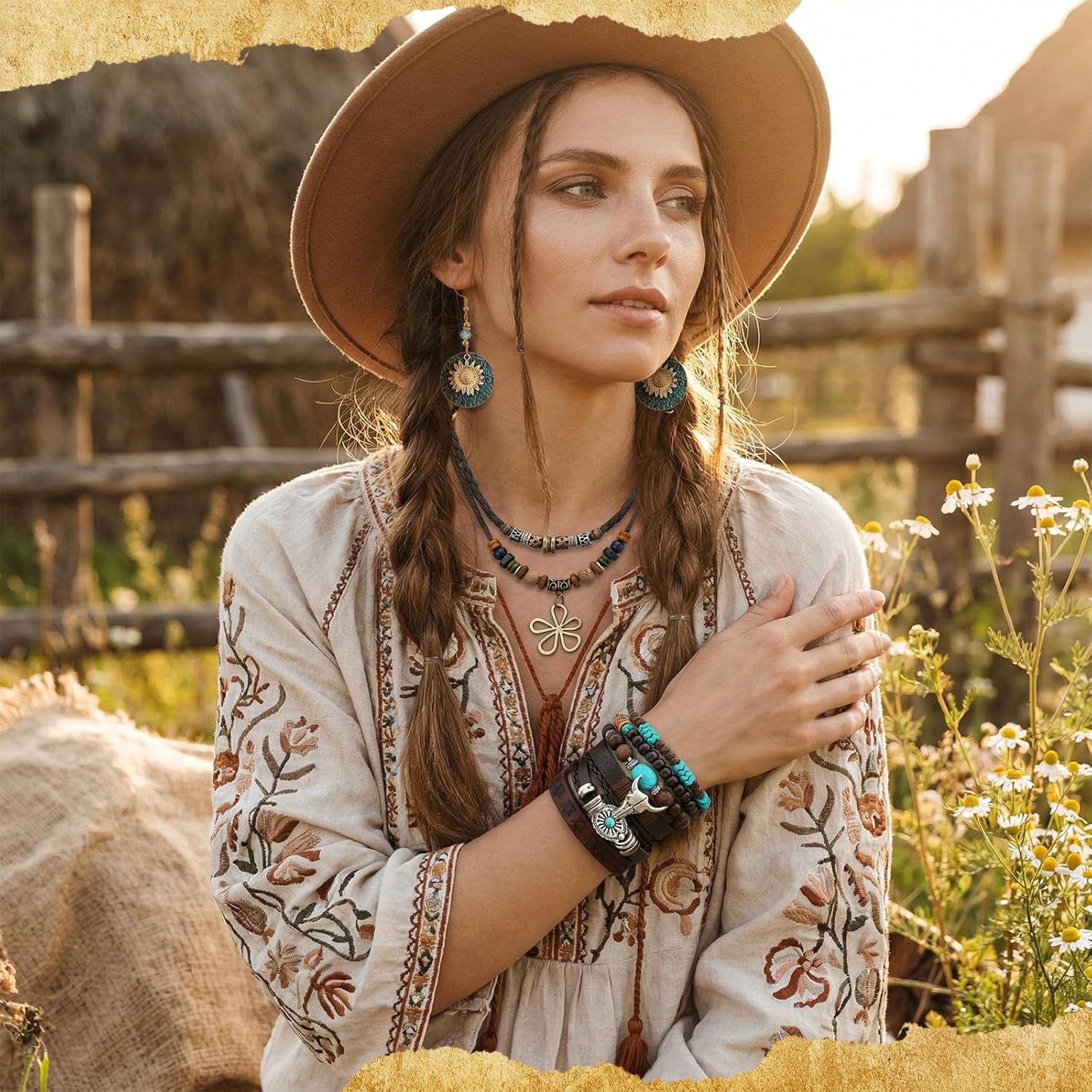 Tondiamo 12Pcs Boho Jewelry Set for Women Bohemian Western Jewelry Set with Long Pendant Necklace Dangle Earrings and Stackable Bangle Bracelets Accessories for Women Friendship Gift