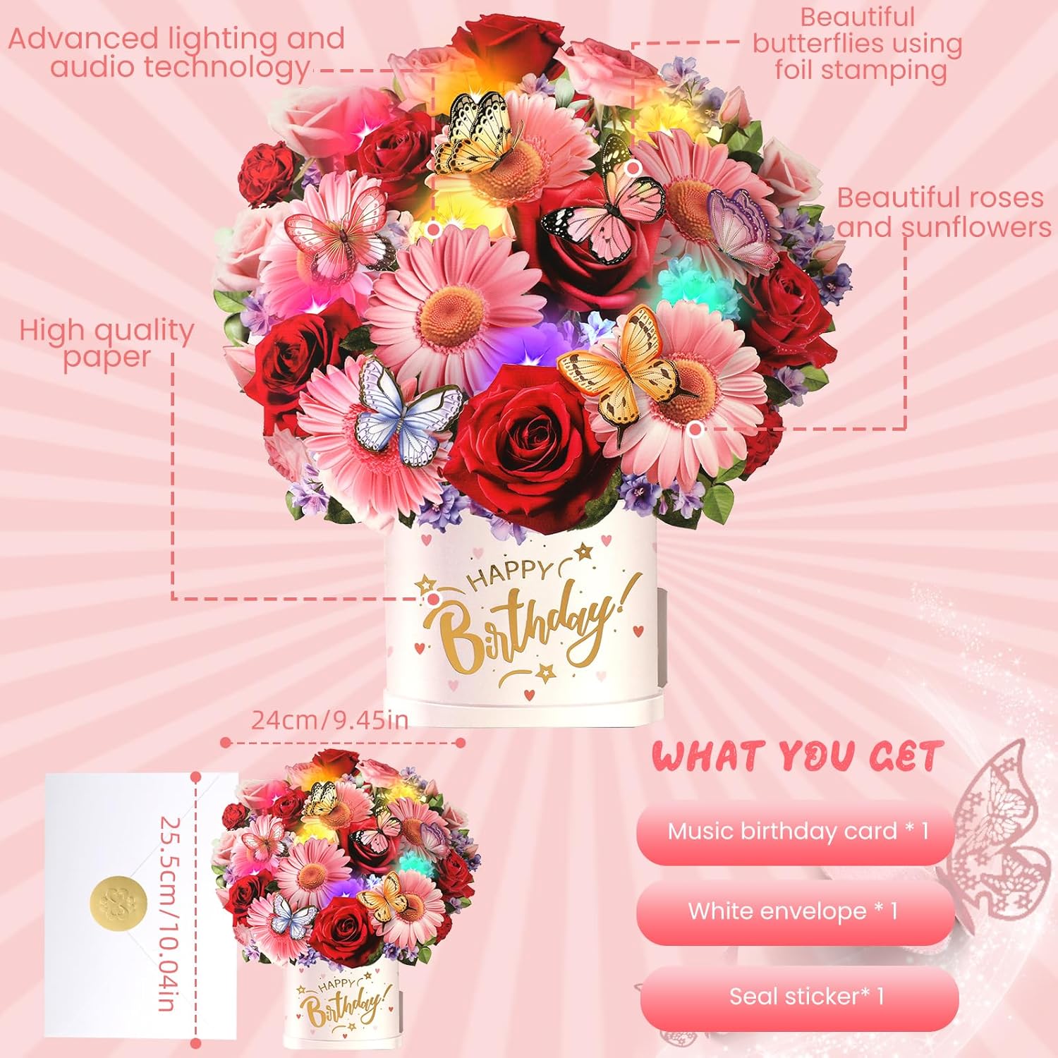 Birthday Cards with Music & Lights, Pop Up Happy Birthday Cards, 10 Inch Size Daisies & Butterflies Flower Bouquet, Birthday Cards for Girls, Women, Wife, Mom, Sisters - Image 8