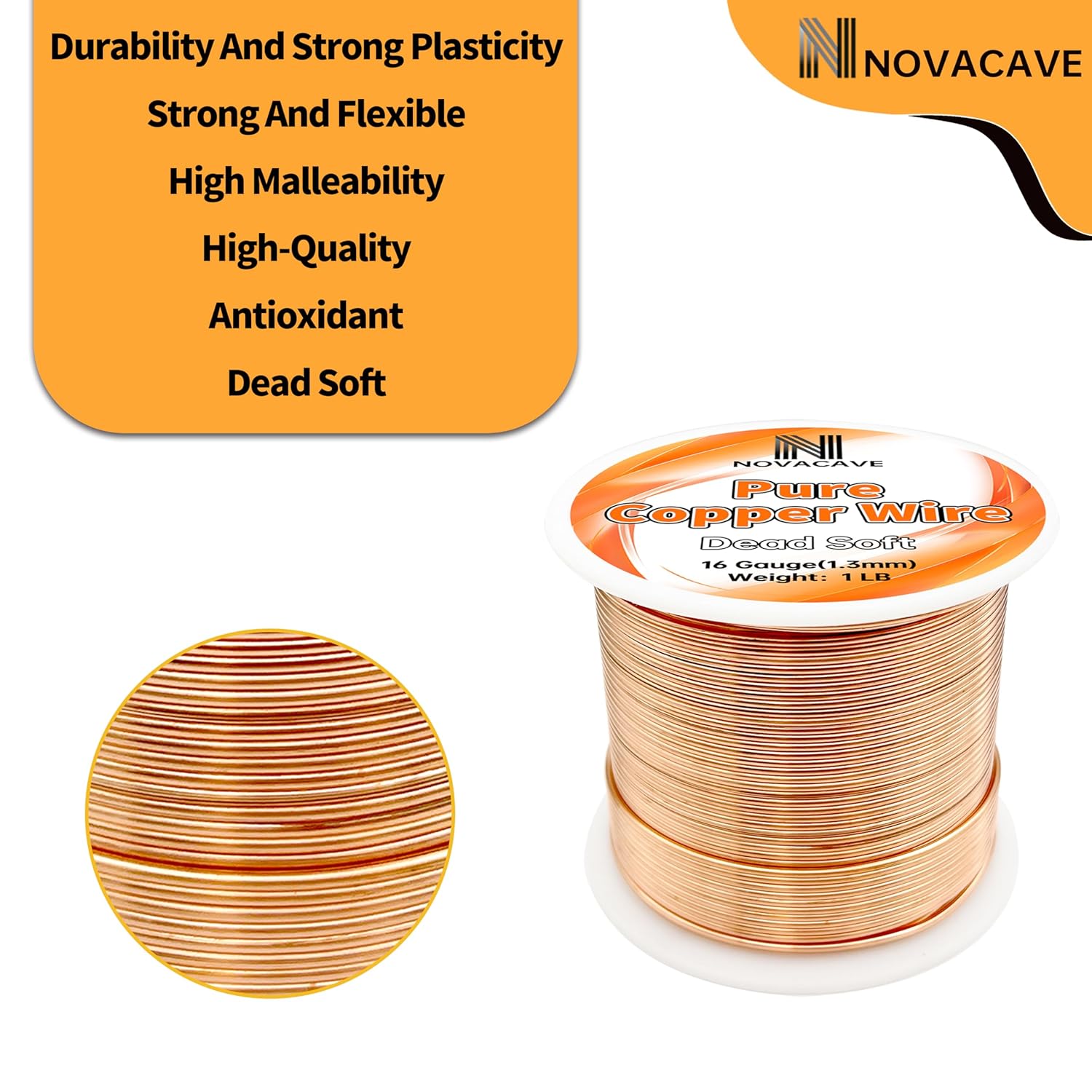 99.9% Pure Copper Wire for Electroculture Gardening, 16 Gauge Bare Copper Wire for Jewelry Making, Dead Soft, 1 LB Spool 100Ft