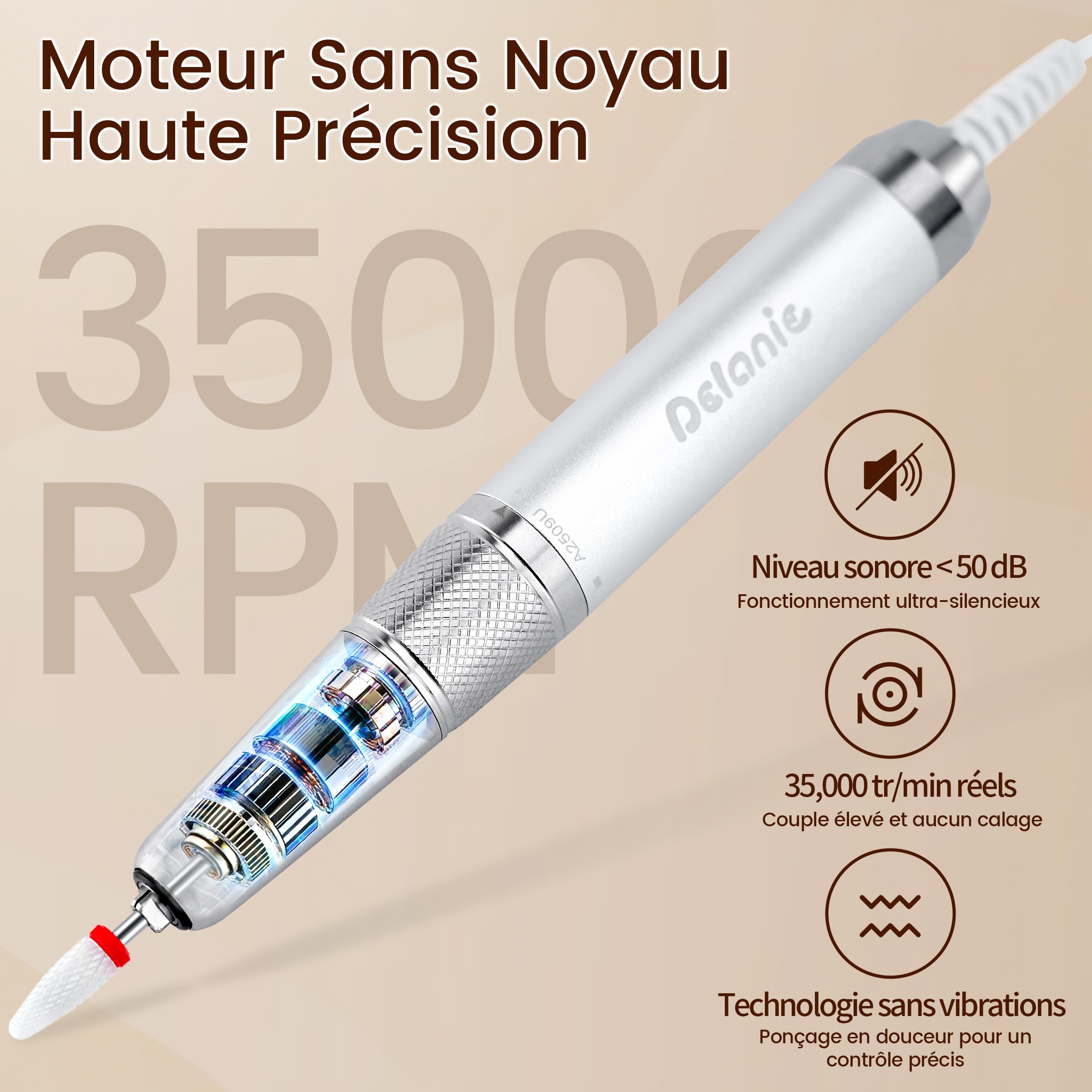 Delanie Ponceuse pour Ongles Moteur Sans Noyau Professionnel 35000RPM, Sans Fil Rechargeable 5000mAh avec Pause Bonton pour Manucure Pédicure, Incl. 7 Embouts & 36 Bandes Abrasives, Rouge
