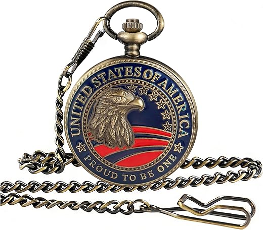 Tiong Pocket Watch,American Eagle Flag USA US Flag Patriotic 4th of July Gifts for Veterans,Pocket Watch for Veterans with