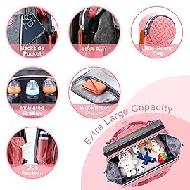 ISMGN Diaper Bag Backpack with Changing Station, Large Diaper Bag, Baby Bag, Multifunctional Diaper Bag, Pinkgray