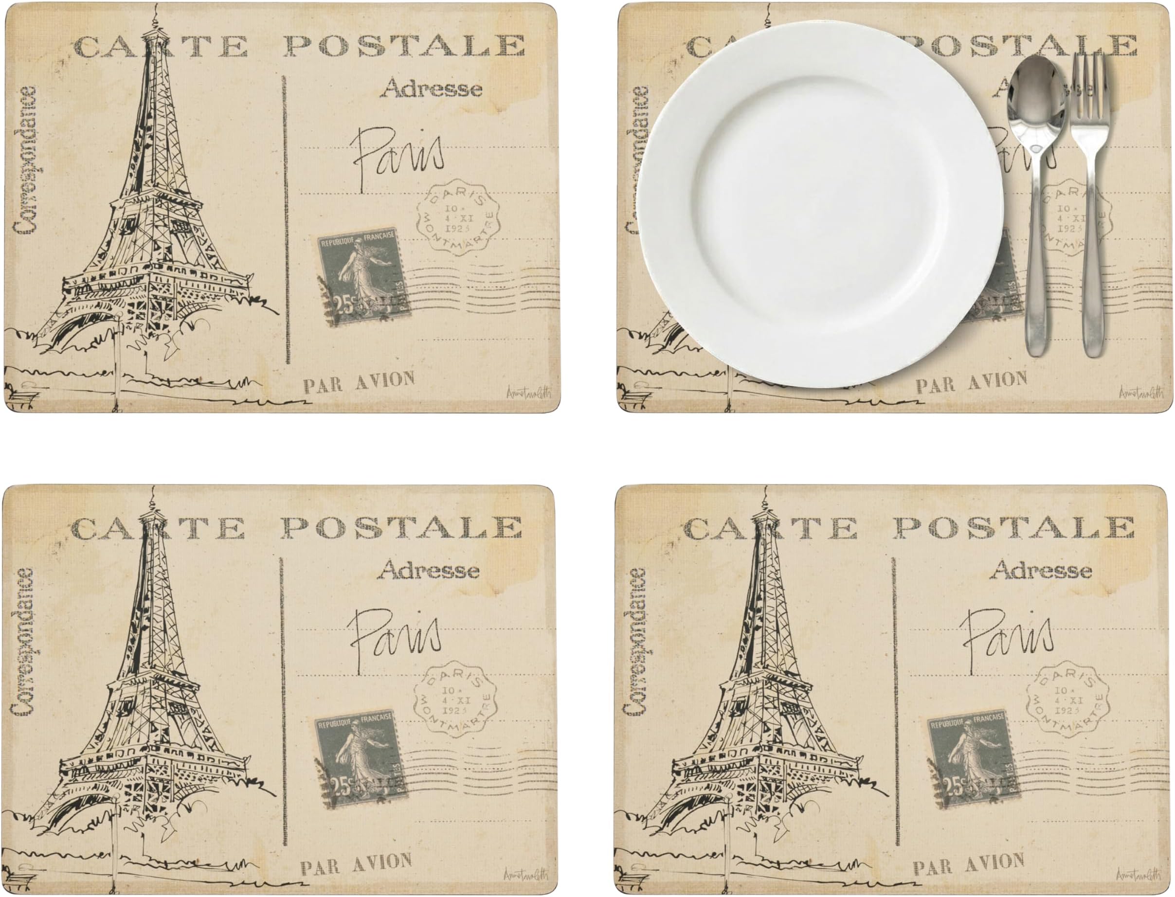 Postcard Sketches Collection Placemats, Set of 4 – (15.7" x 11.7") Cork-Backed Placemats with Classic City Artwork Inspired by Paris, London, Rome & New York, Heat & Stain Resistant Surface