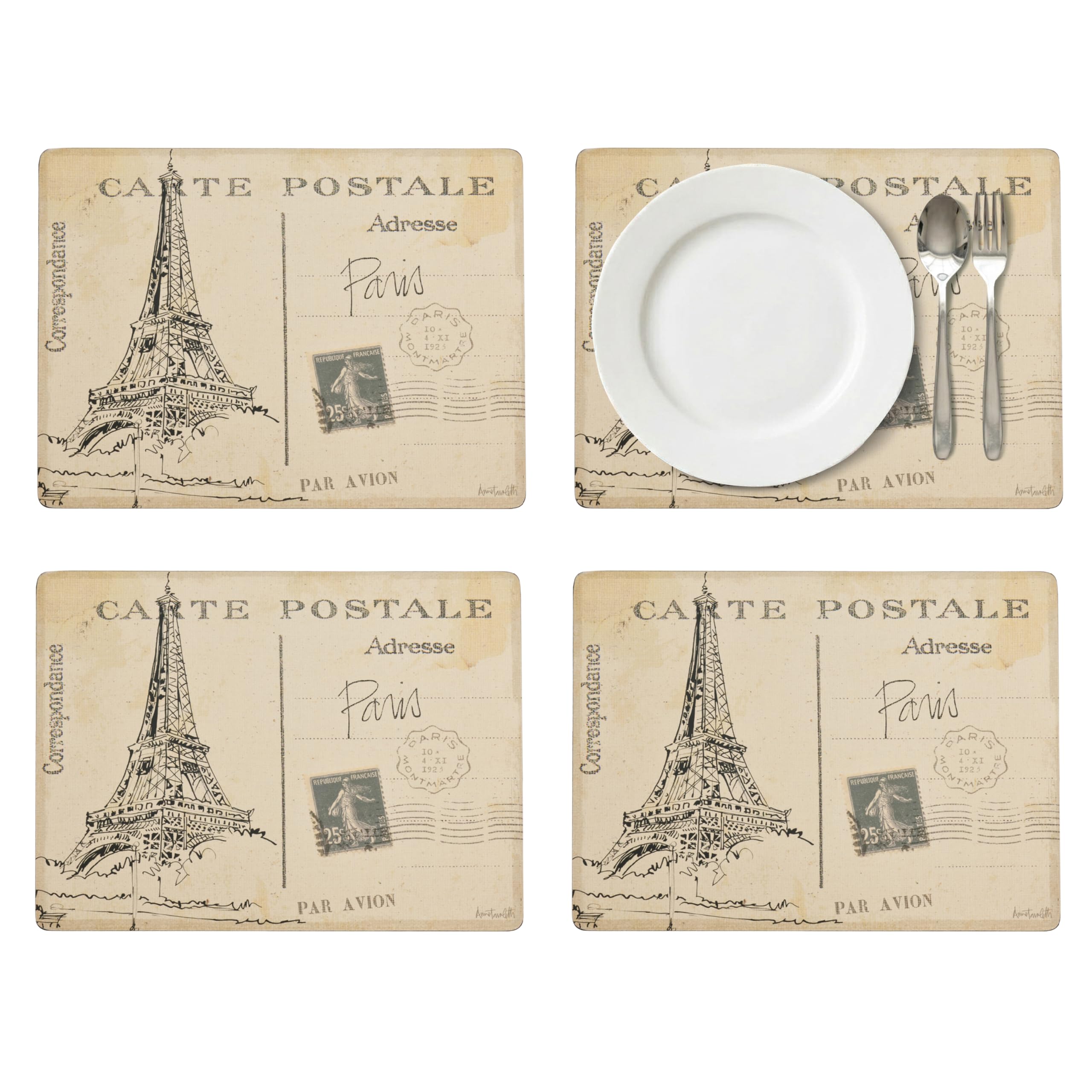 Pimpernel Juego de 4 manteles individuales de la colección Postcard Sketches, (15.7 x 11.7 pulgadas), con respaldo de corcho con obras de arte clásicas de la ciudad inspiradas en París, Londres, Roma