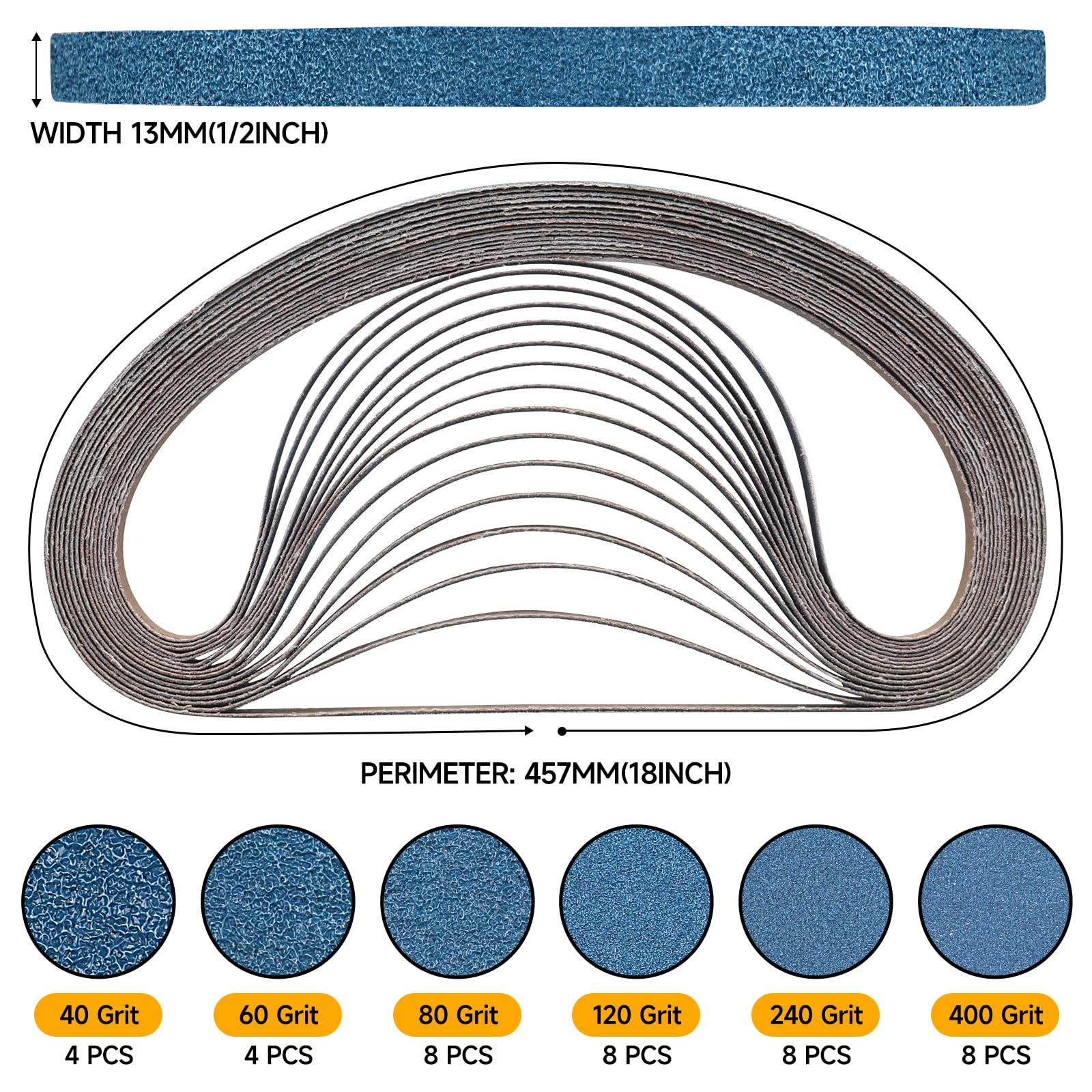 Correa de Lijado 40PCS Bandas de Lijado for lijadora de Banda Grano 40/60/80/120/240/400 for pulir Metal, Madera(13x457)