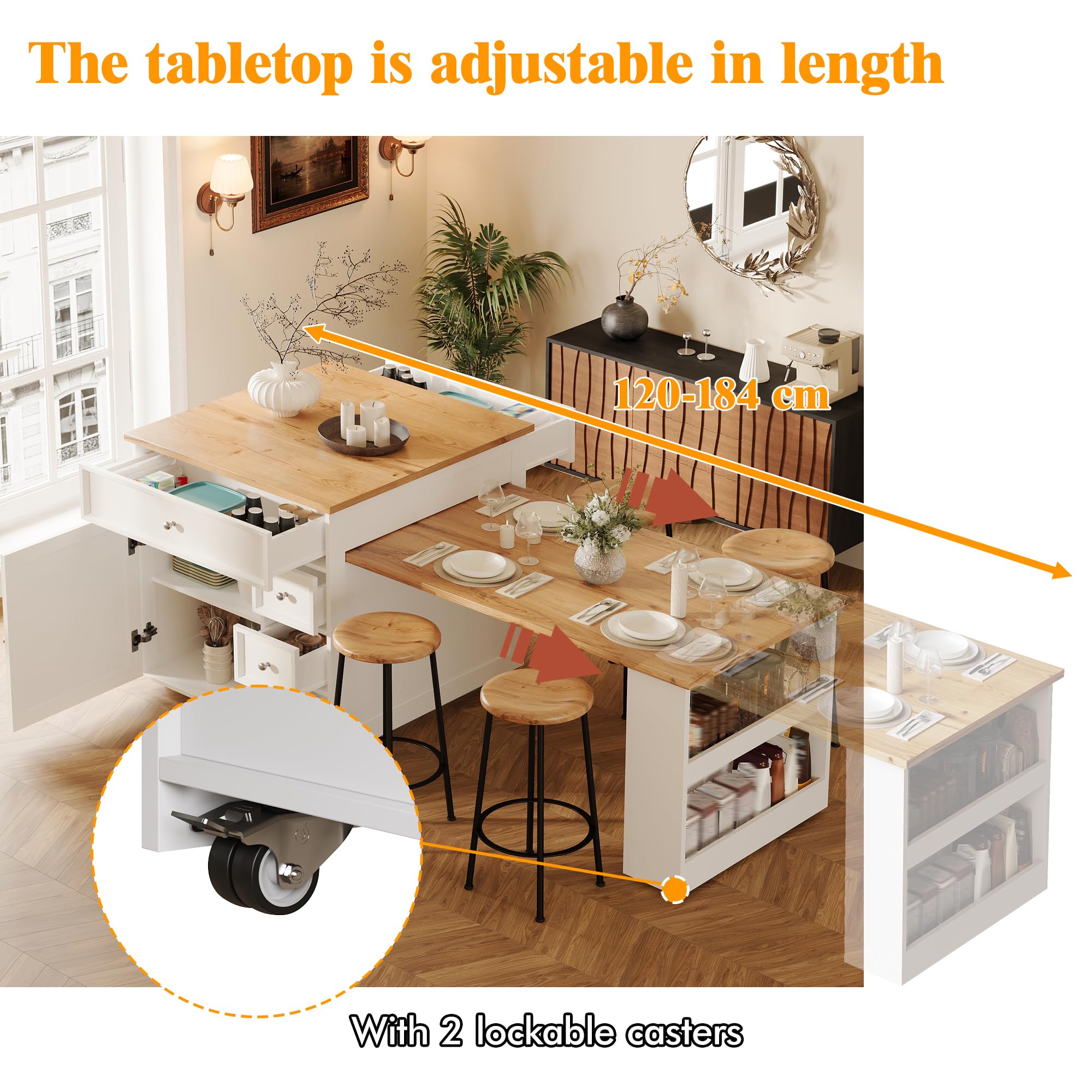 Isola da cucina estensibile (120-184 cm) con cassetti e ruote, isola da cucina mobile con piano in effetto legno, isola da bancone versatile per cucina, sala da pranzo e bancone da bar