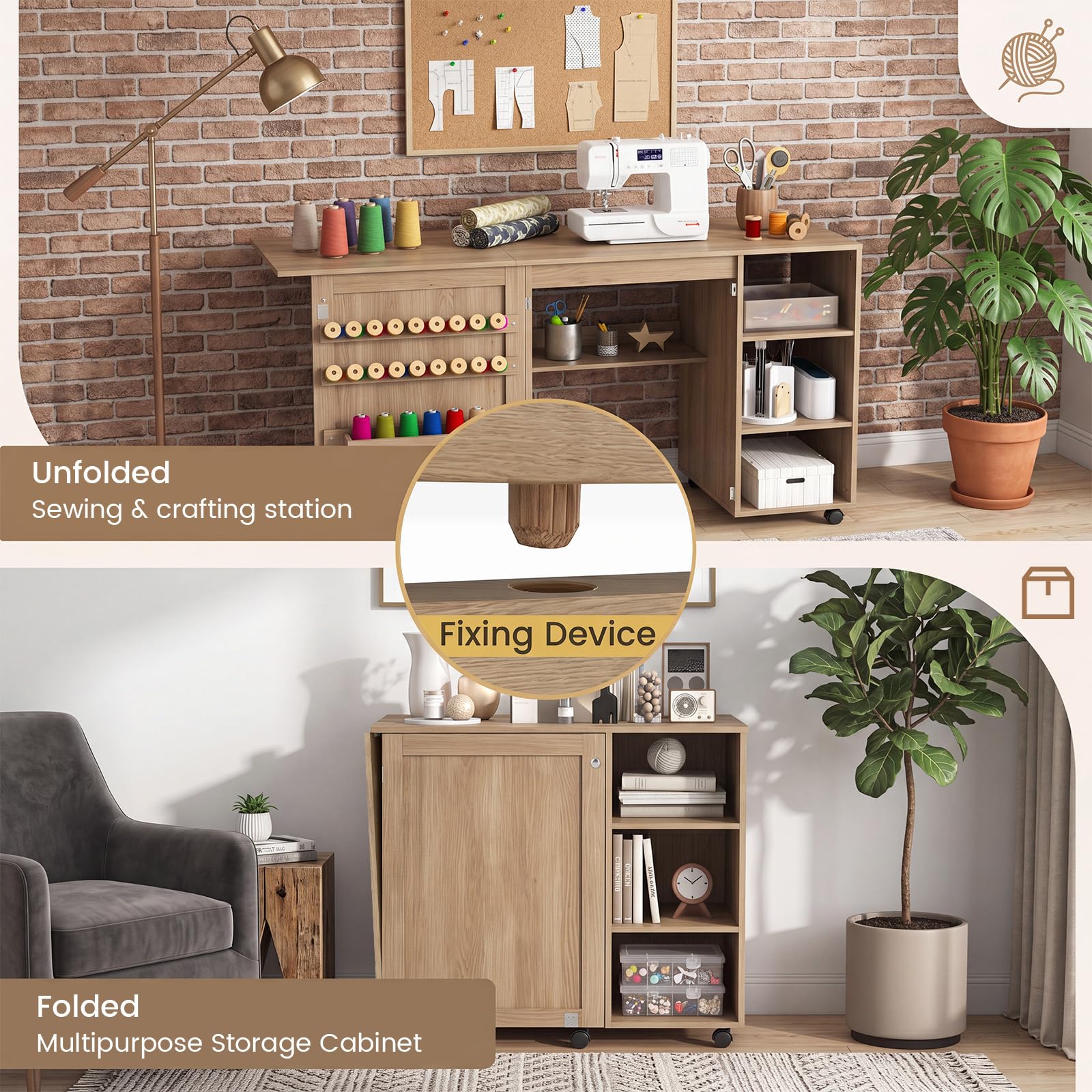 GIANTEX Armario de Costura Plegable con 6 Ruedas (Marrón, sin Cajón) | Mesa de Coser con Estantes Abiertos y Portacarretes, 146x50x78 cm, Mesa Multiusos 2 en 1 para Dormitorio, Salón y Estudio