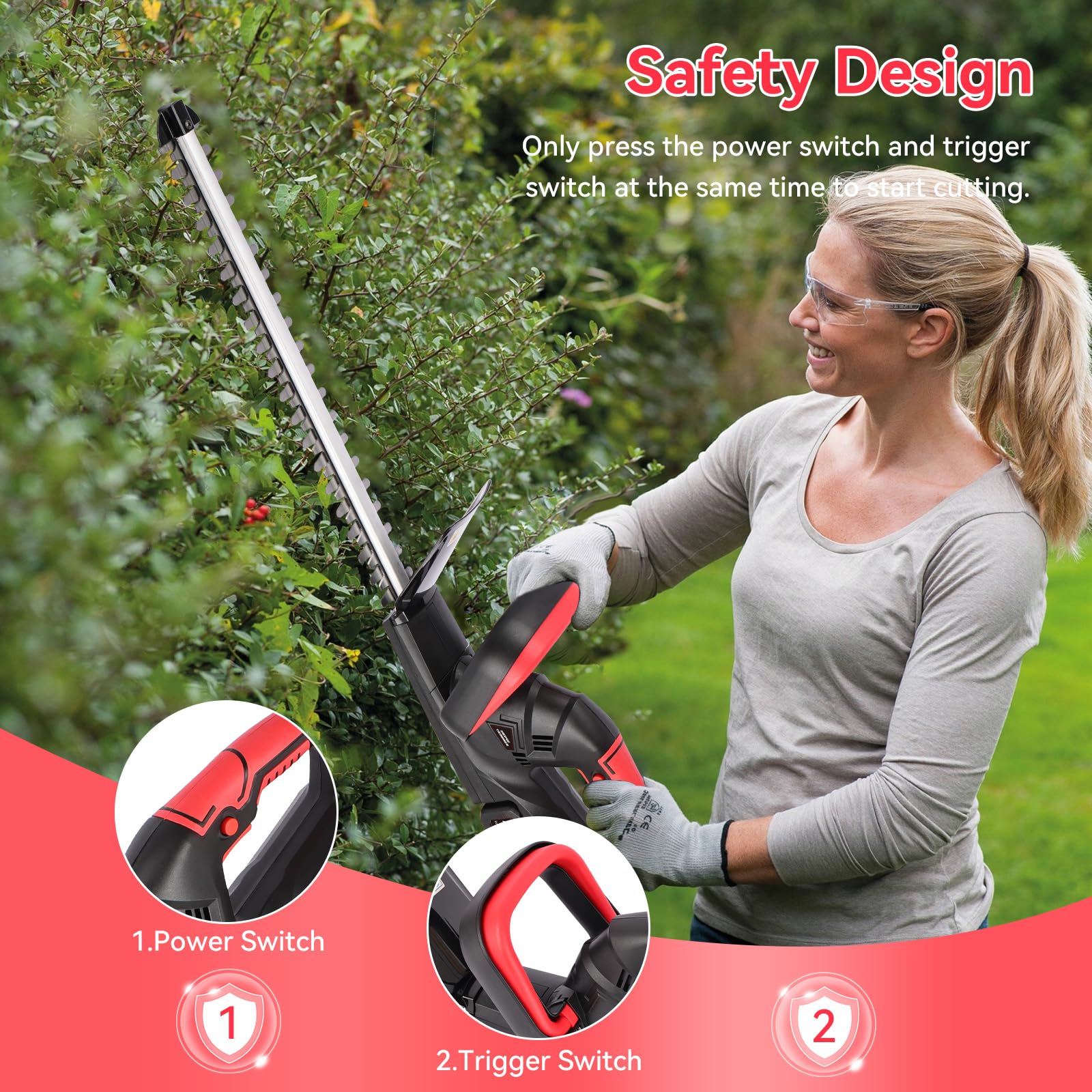 Tagliasiepi a Batteria 48cm, Tagliasiepi Elettrico Brushless con 2 Batterie da 2000mAh,15mm Distanza Denti,Tagliasiepe Giardino a Batteria per Siepi, Arbusti, Potatura