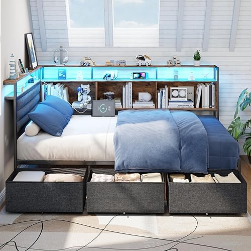 Miniatura 9 de Marco de cama esquinero con estantería de almacenamiento y luces LED, marcos de cama de tamaño individual con cabecera tapizada y estación de carga,