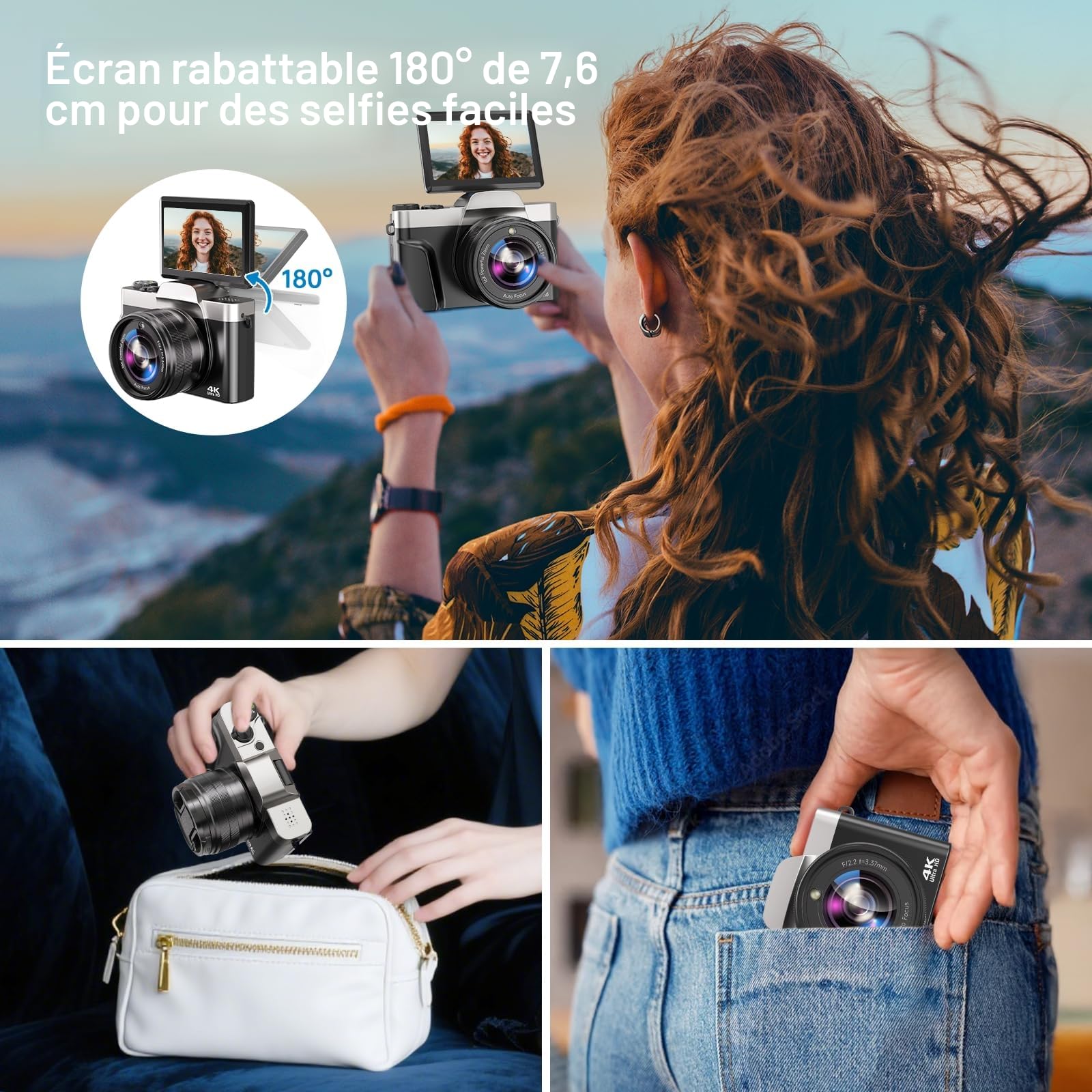 Appareil Photo Numérique avec WiFi, 4K 64MP Autofocus Camera Vlog 16X Digital Zoom à Écran Rabattable à 180° Appareils Photo Compact avec Station de Charge, 2 Batteries, Carte 32 GB pour Débutants