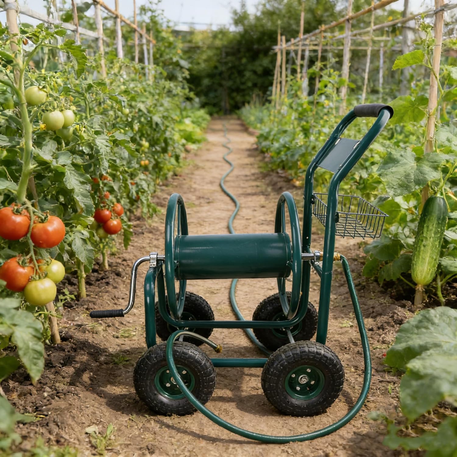 Garden Hose Reel Cart, 4-Wheel Heavy Duty Hose Reel Cart with Pneumatic Rubber Tires, Outdoor Rolling Steel Frame Water Hose Trolley with Storage Basket for Lawn & Garden – Green