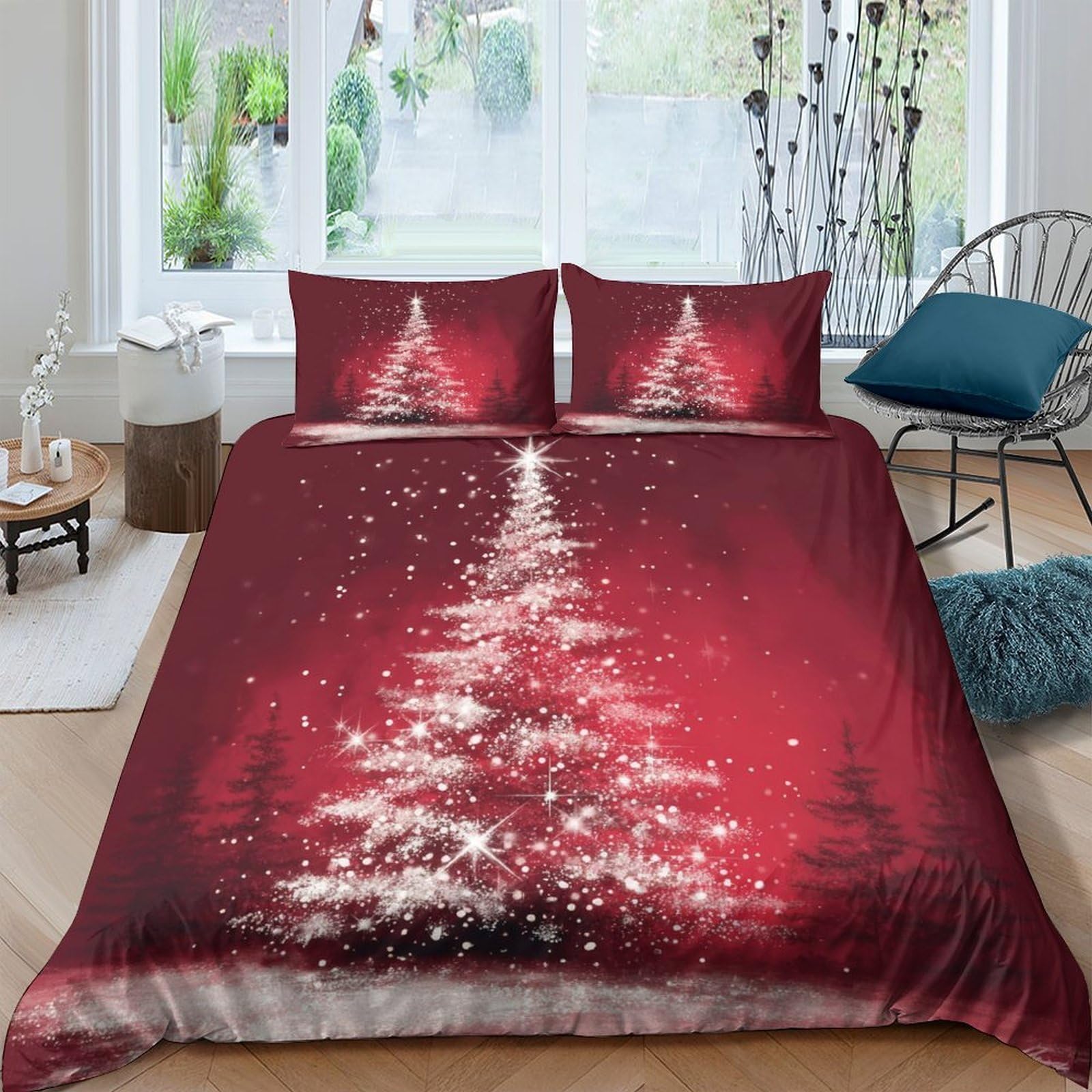 Ctjqhvkz Style-3 3D Printed Christmas Tree Fitted Sheet Microfiber Red Winter Snowflake Bed Cover For Bedroom Guest Room Decor Single（135X200cm）