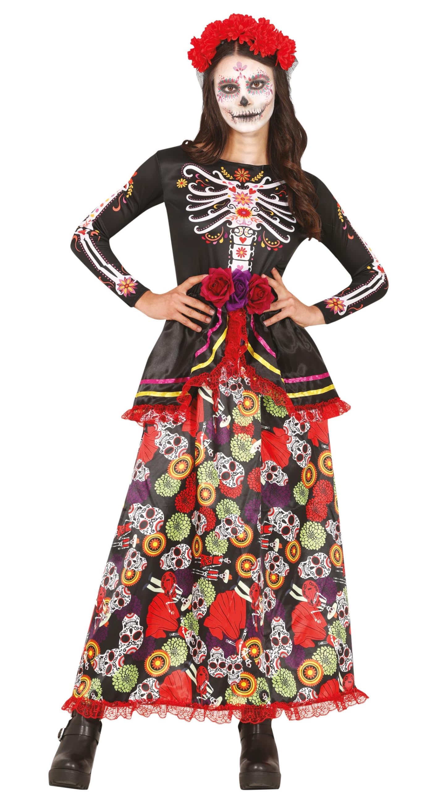 FIESTAS GUIRCA Day of the Dead - Long Dress with Skull Print and Flowers Headband Fancy Dress Costume Adult Woman Size L 14-16