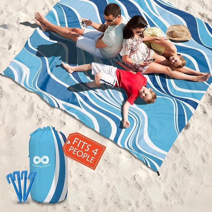Everlasting Comfort Large Beach Blanket Waterproof & Sandproof for up to 4 People - Lightweight Beach Mat, Picnic Mat, Outdoor Blanket - Ideal for Festivals, Camping (Blue, 6.7ft x 6.7ft)
