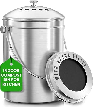 Utopia Kitchen Compost Bin for Kitchen Countertop, 1 Gallon Compost Bucket for Kitchen with Lid, Includes 1 Spare Charcoal Filter Silver