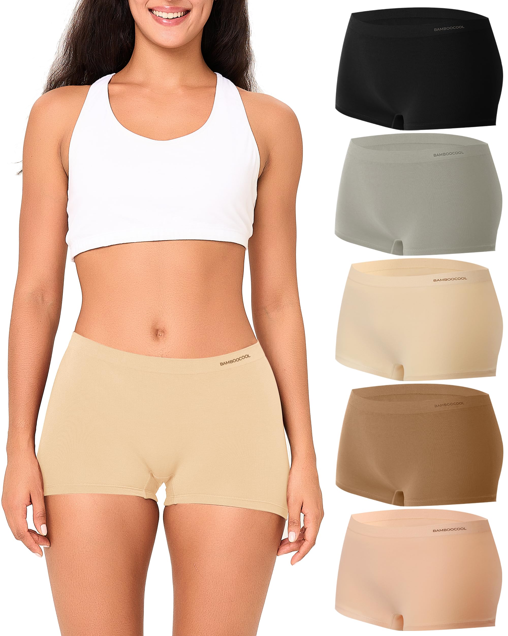 BAMBOO COOL Seamless Boyshort Underwear for Women Mid Waist Stretchy Panties Moisture Wicking Boxer Briefs 5 Pack