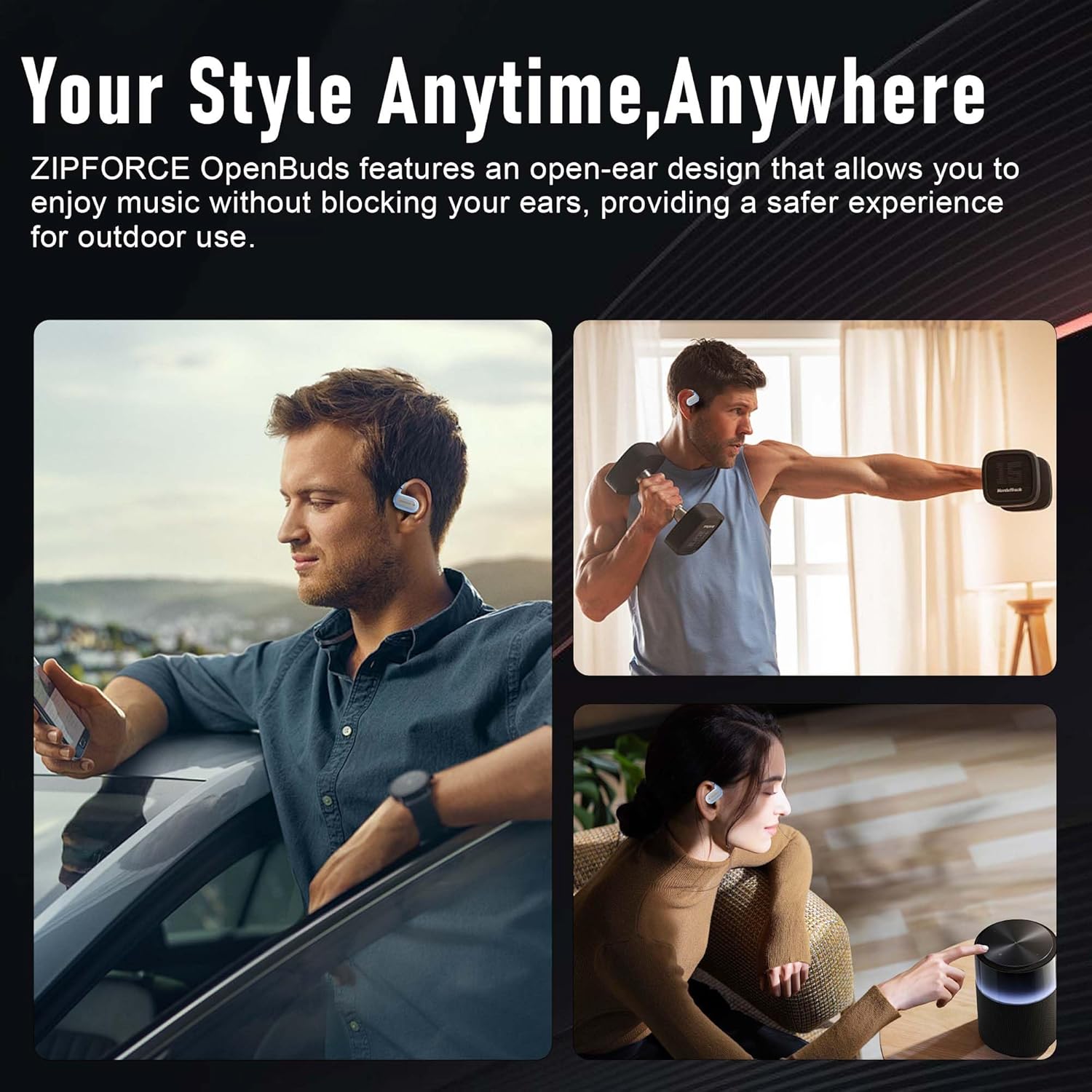 Diagram showing touch control functions for volume, play/pause, call management, and track skipping