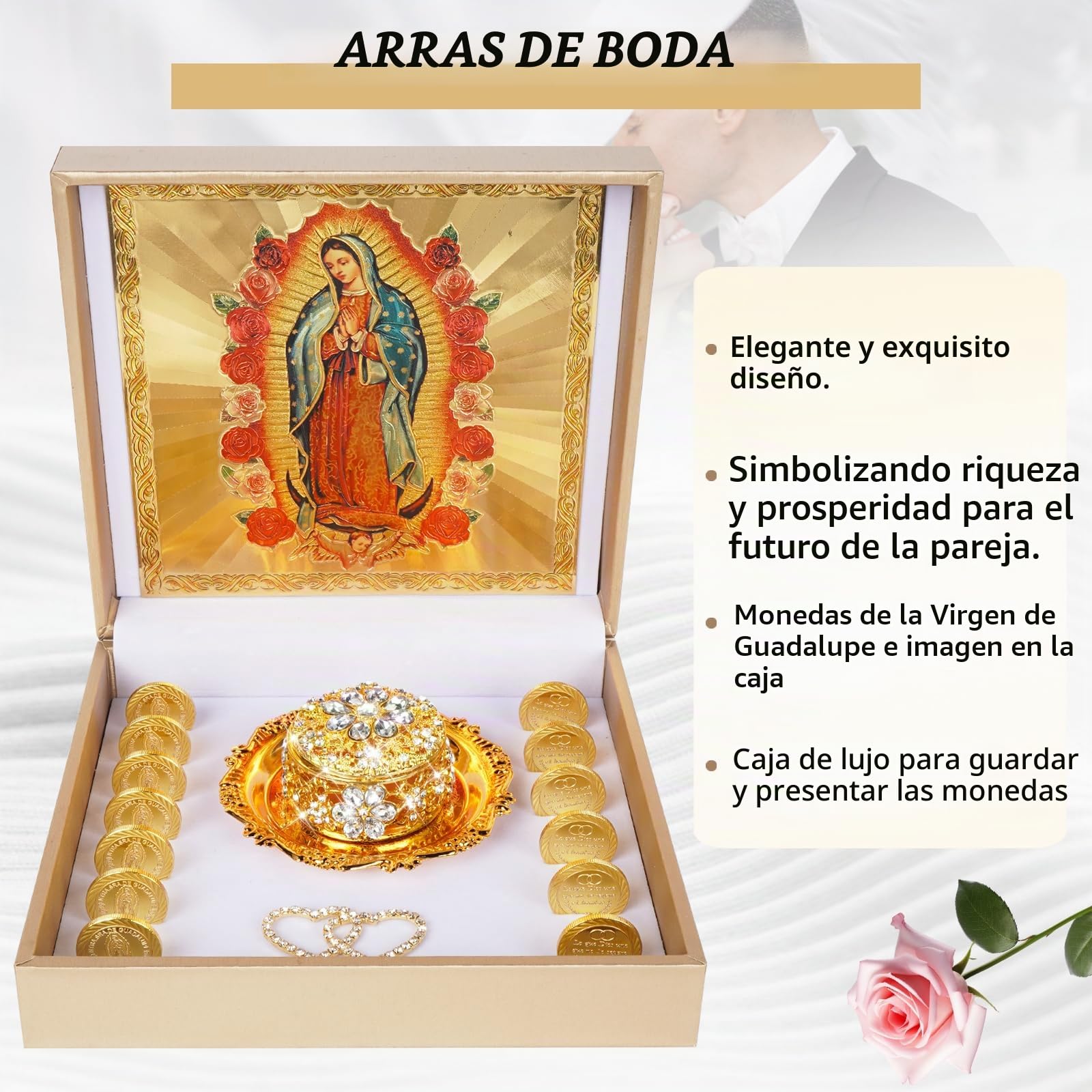 Arras Para Boda Católica con Virgen De Guadalupe Caja de regalo, Arras De Boda Cristiana Premium, Arras De Boda Católica, Monedas de Boda Católica, Caja Arras de Boda Mexicana (dorado)