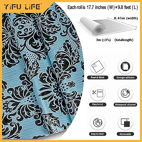 Miniatura 3 de Papel tapiz de damasco, papel de pared para despegar y pegar, color azul, extraíble, autoadhesivo, revestimiento para estantes, papel de contacto,