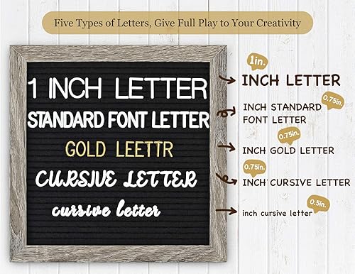 Miniatura 20 de Tablero de letras de fieltro – precortadas y clasificadas, 725 caracteres blancos y dorados, letras cursivas, grandes, cambiables con soporte, Gris