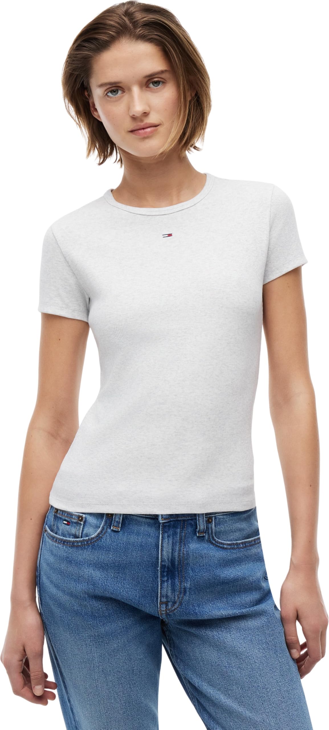 Tommy Jeans Women’s Short Sleeve Essential Rib Slim Fit T-Shirt, Grey (Silver Grey HTR), S