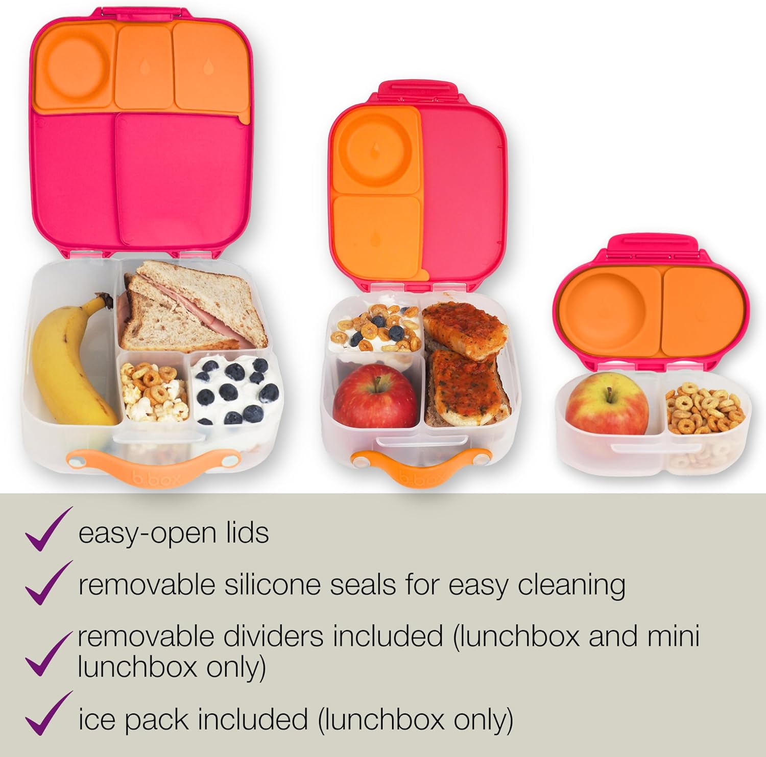 b.box Kids Lunch & Snack Containers. 3-Pack Set Includes Matching Oversized Bento Lunch Box, Mini Meal Boxes for Kids and Toddlers. School Supplies (Strawberry Shake)