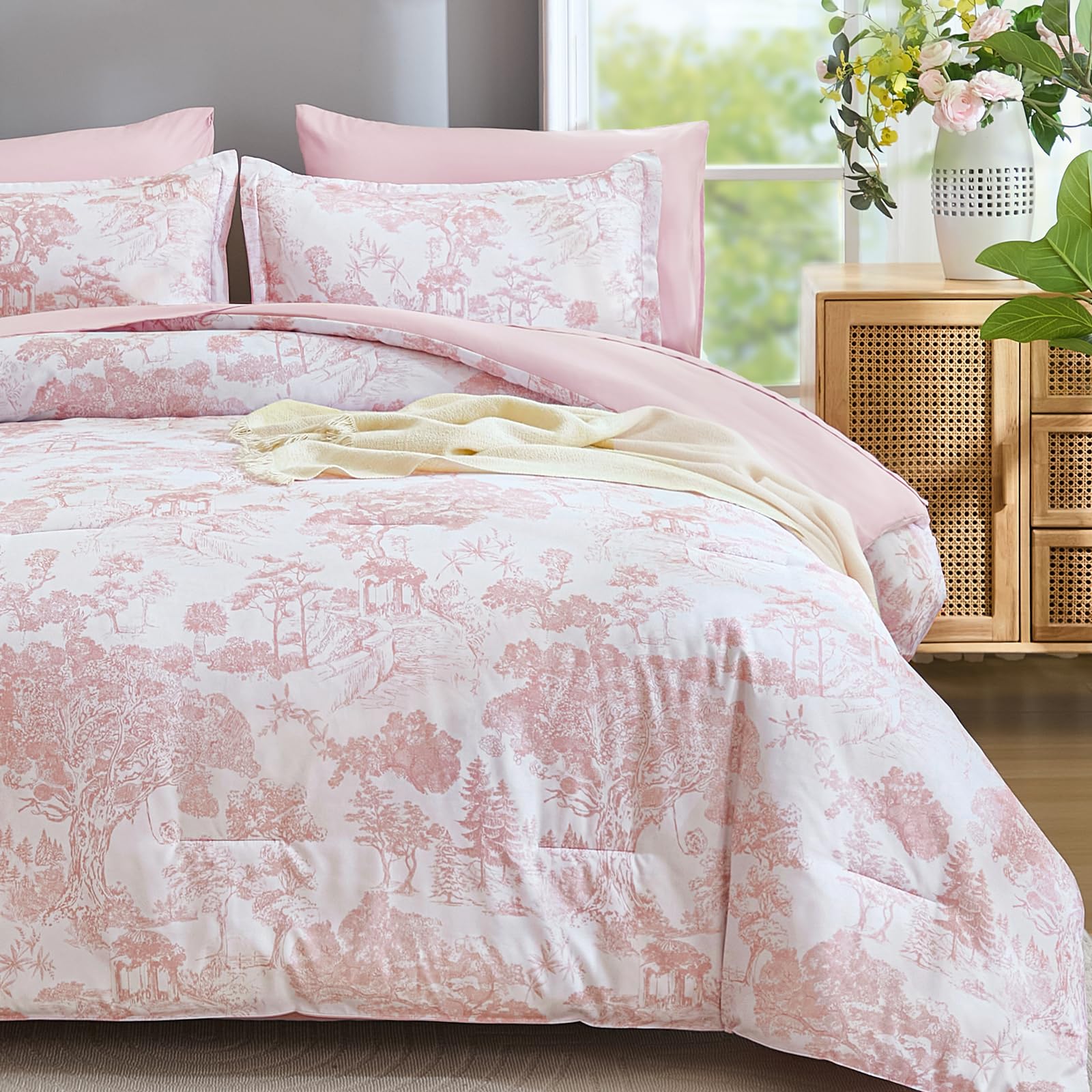 DJY Queen Size Comforter Sets, Pink Botanical Comforters with Sheets 7 Pieces Bed in a Bag Queen Elegant Plants Print Christmas Soft Microfiber Reversible Complete Bedding Sets for All Season
