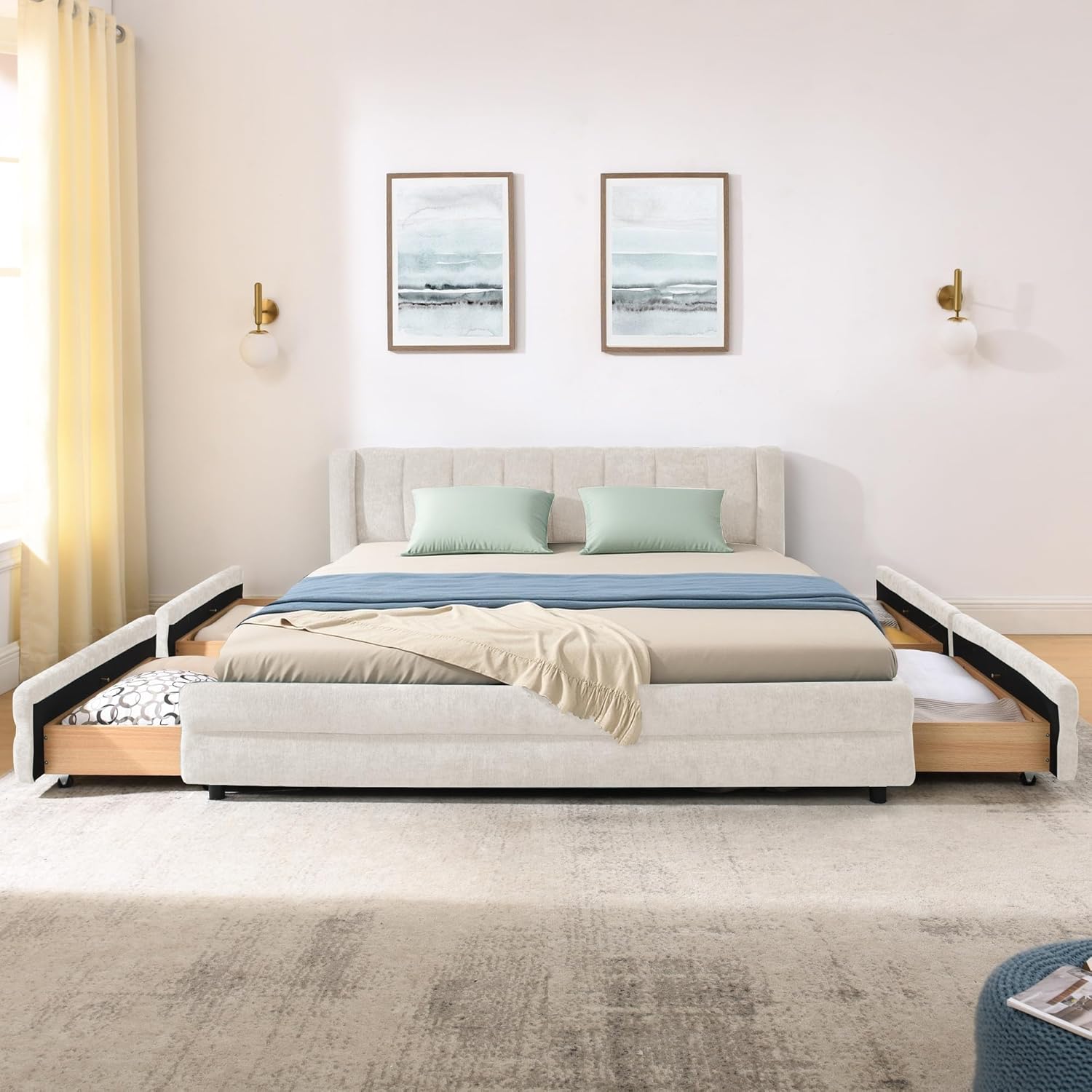 Queen Size Bed Frame with 4 Storage Drawers and Cloud Soft Headboard, Chenille Upholstered Bedframe Grounded Wood Base Bed Frame, No Box Spring Needed, Beige