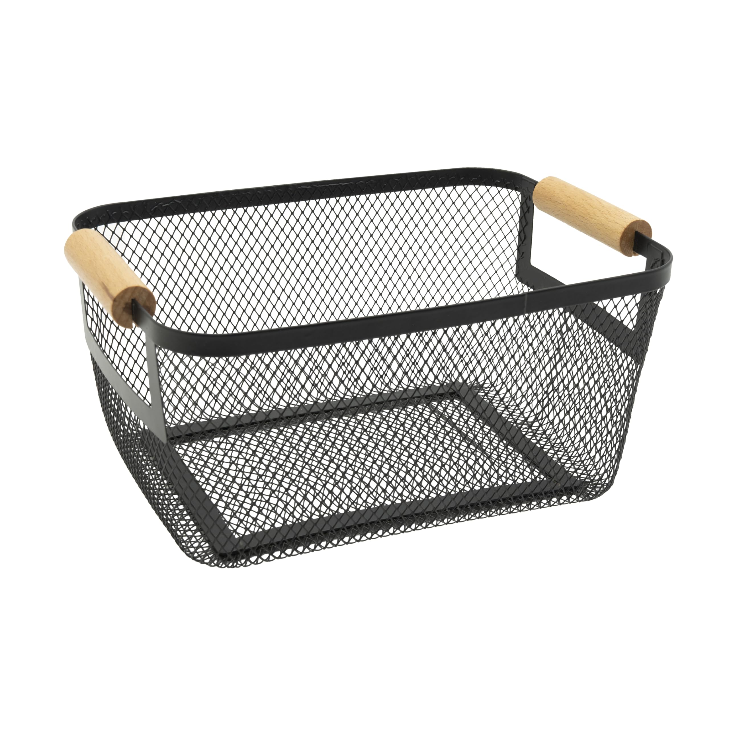 Oggi Medium Mesh Portable Bathroom Basket Caddy with Bamboo Handles, Metal Storage Basket for Bathroom, Shower, Vanity, Pantry & Home Organization, Black