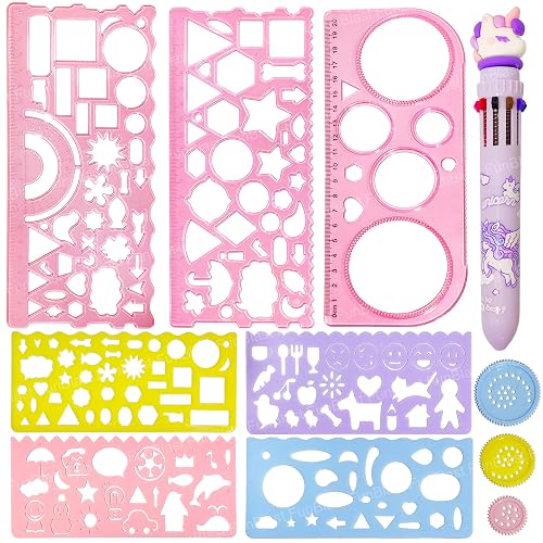 FunBlast Kawaii Drawing Ruler Set โ 7+1 Cute Spirograph Drawing Set for Kids, Geometric Ruler Drafting Tools for Art and Craft, Fun & Colorful Stationary Set for Kids (Unicorn)