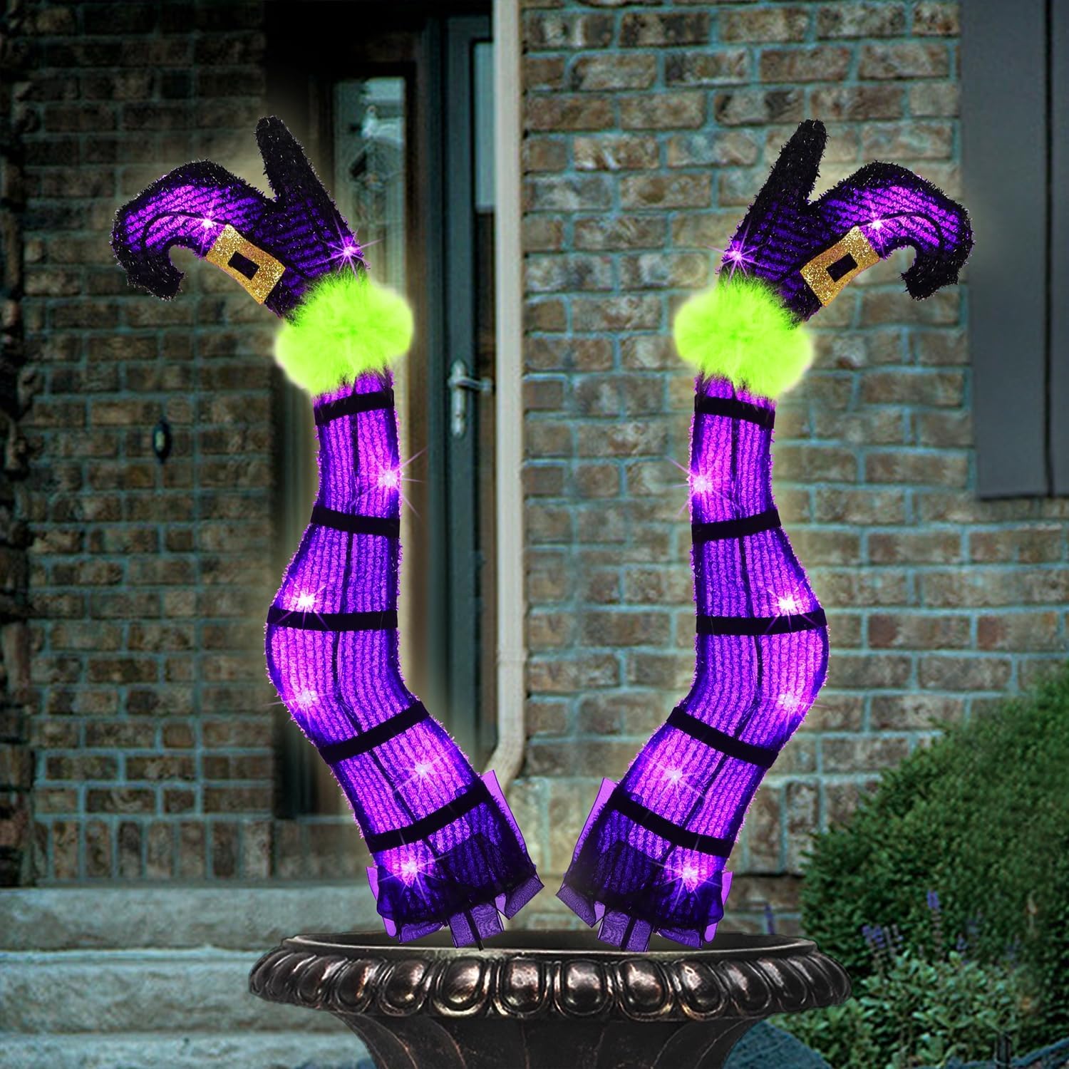 Juegoal Set of 2 Halloween Lighted Wicked Purple Witch Legs with Stakes, 22" Light Up Tinsel Halloween Yard Sign Prop Timer & 8 Modes, Battery Operated for Outdoor Party Haunted House Garden Decor