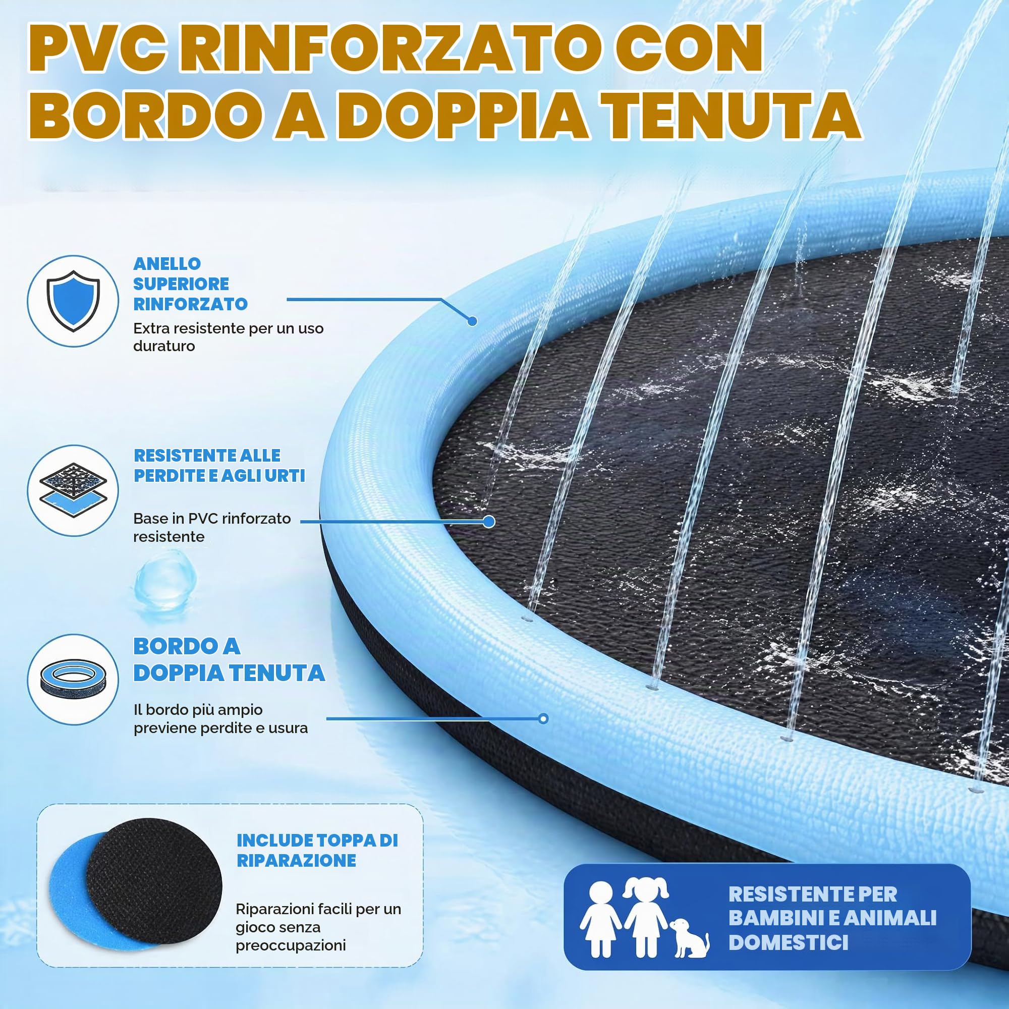 Piscina per Cani 170cm Antiscivolo con Spruzzi Regolabili | Tappeto Acqua Gioco Bambini e Cani, Splash Pad da Giardino Resistente per Cortile e Outdoor Estivo, Facile da Pulire
