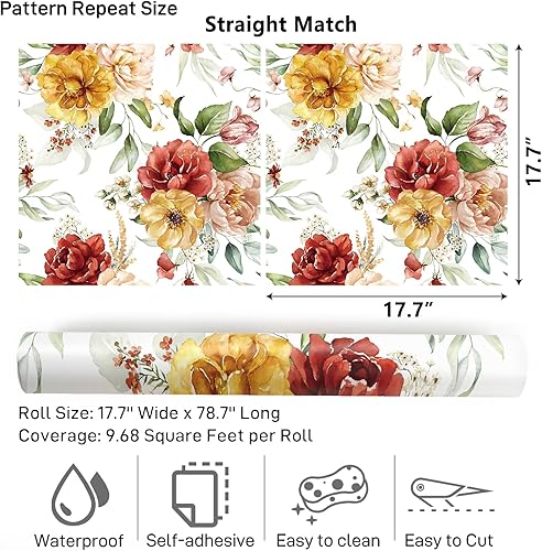 Miniatura 9 de VaryPaper Papel tapiz floral vintage para despegar y pegar, 17.7 x 78.7 pulgadas, papel tapiz de peonía de acuarela, papel de contacto floral, papel