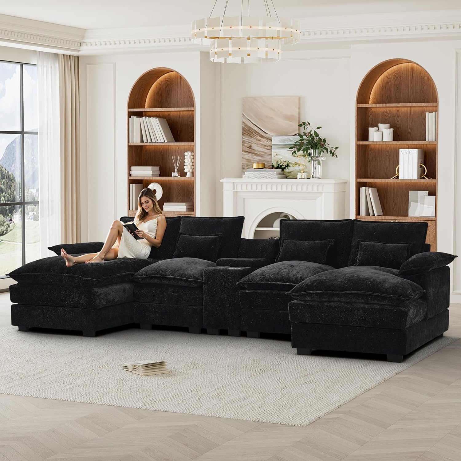 HYJT-H&K 124" U Shaped Cloud Couch Sectional, Comfy Fluffy Chenille Black Sectional Couches for Living Room, Modern Modular Sectionals Sofa with Central Console Double Chaise Lounge Black 124" Light Black