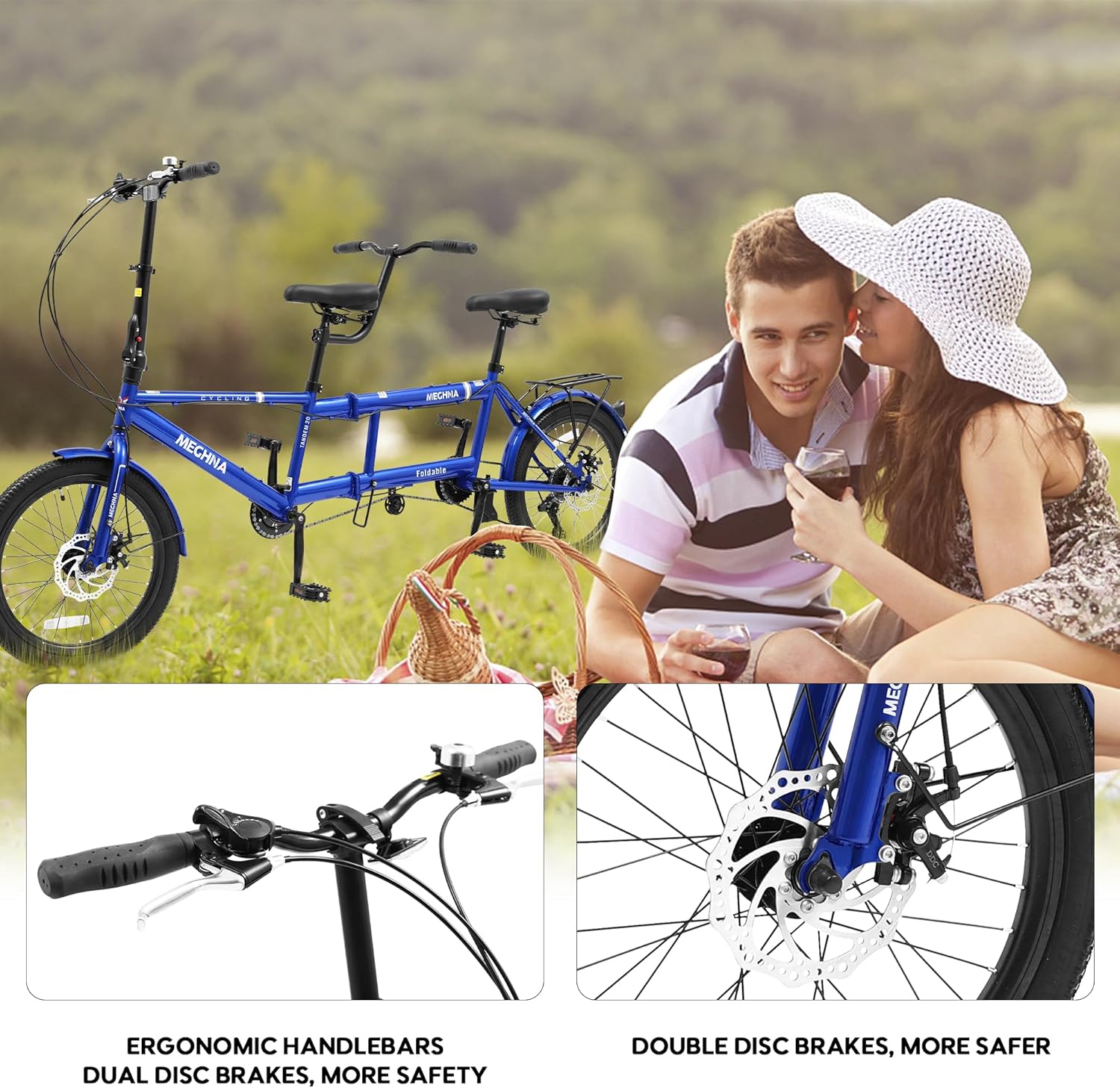 Foldable Tandem Bike, 20 Inch Family Tandem Bikes for Adults, Adjustable 7-Speed Tandem Bicycles Beach Cruiser Bike for Travel and Couple Riding, High Carbon Steel Frame
