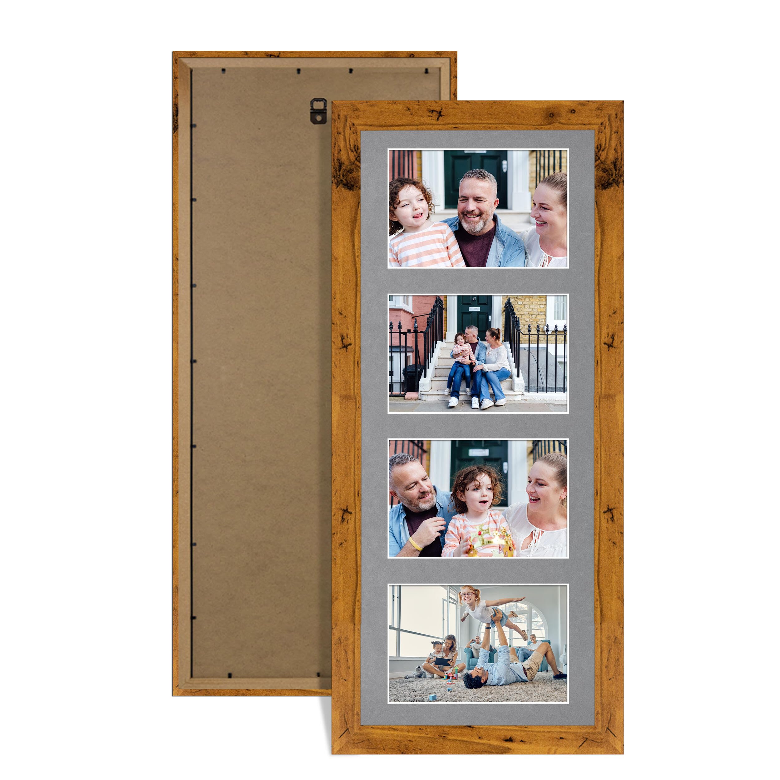 Alison Kingsgate Rustic Oak 50x20cm Photo frames for multiple pictures -4 Apertures Collage Frame with Mid Grey Mount - Holds (4x) 6x4 Photos - Engineered Wood & Perspex