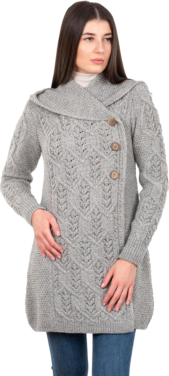 SAOL 100% Merino Wool Women Cardigan Butonned with Hood Aran Leaf Coat Made in Ireland